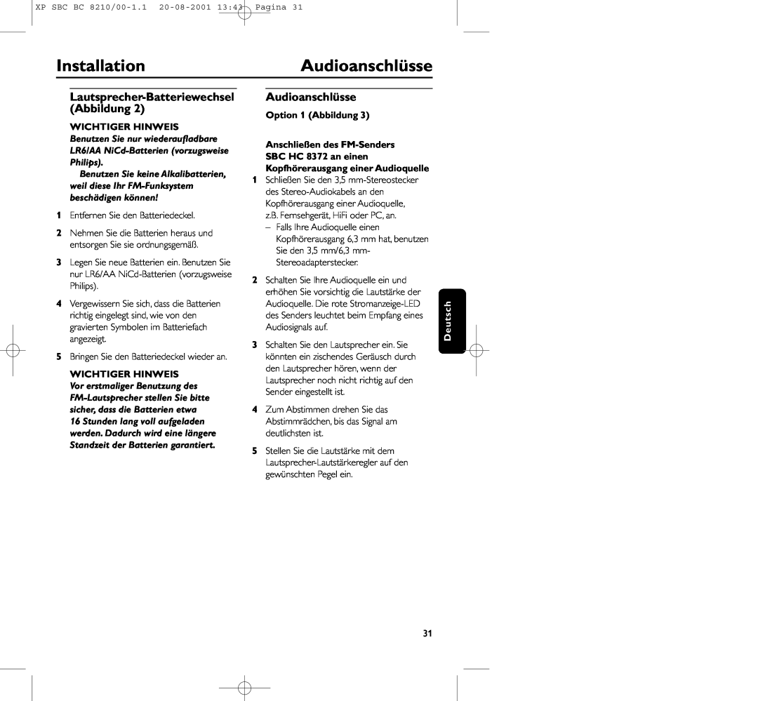 Philips BC8210 InstallationAudioanschlüsse, Lautsprecher-BatteriewechselAbbildung, Wichtiger Hinweis, Option 1 Abbildung 