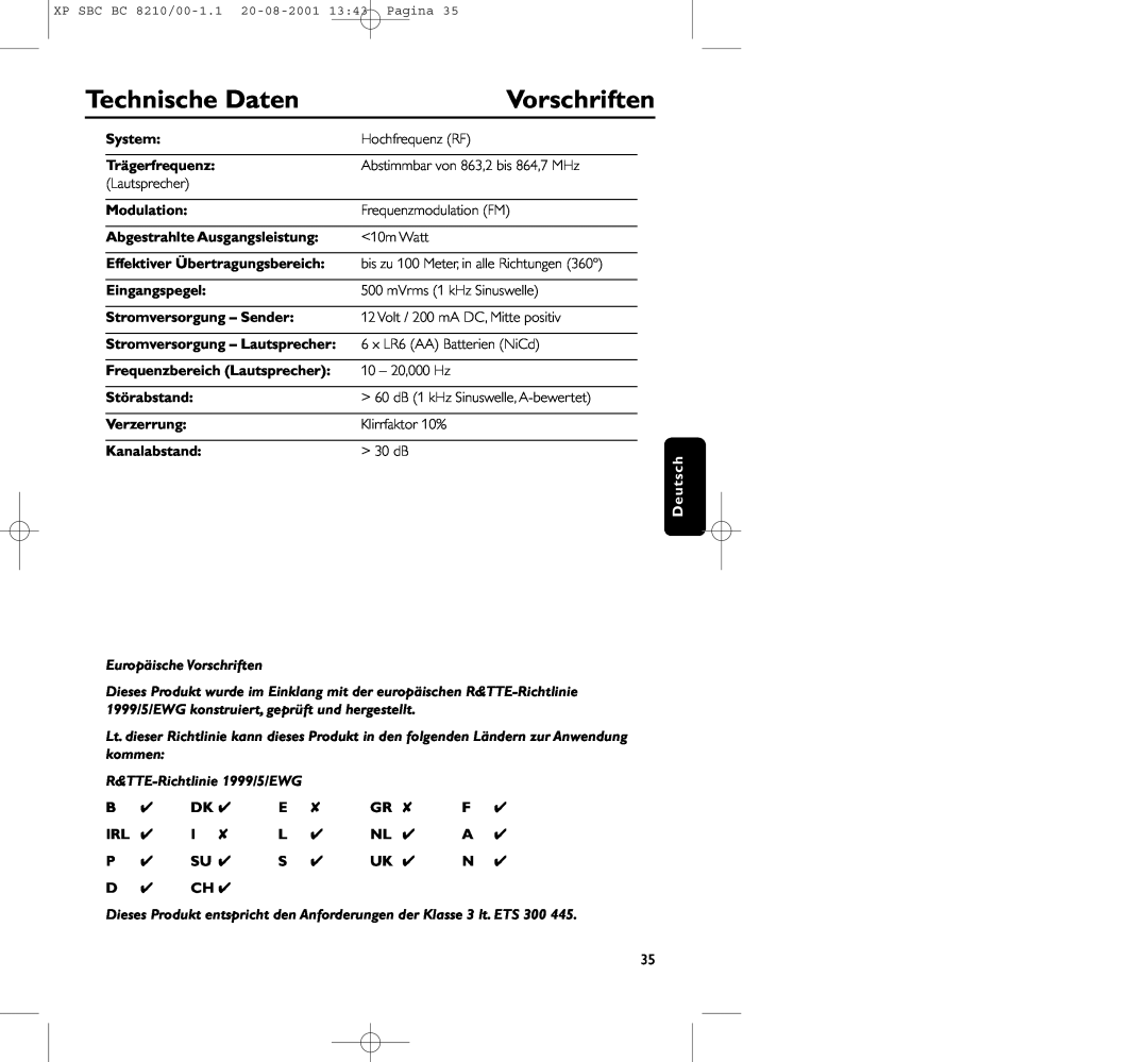 Philips BC8210 manual Technische Daten, Vorschriften, System, Trägerfrequenz, Modulation, Abgestrahlte Ausgangsleistung 