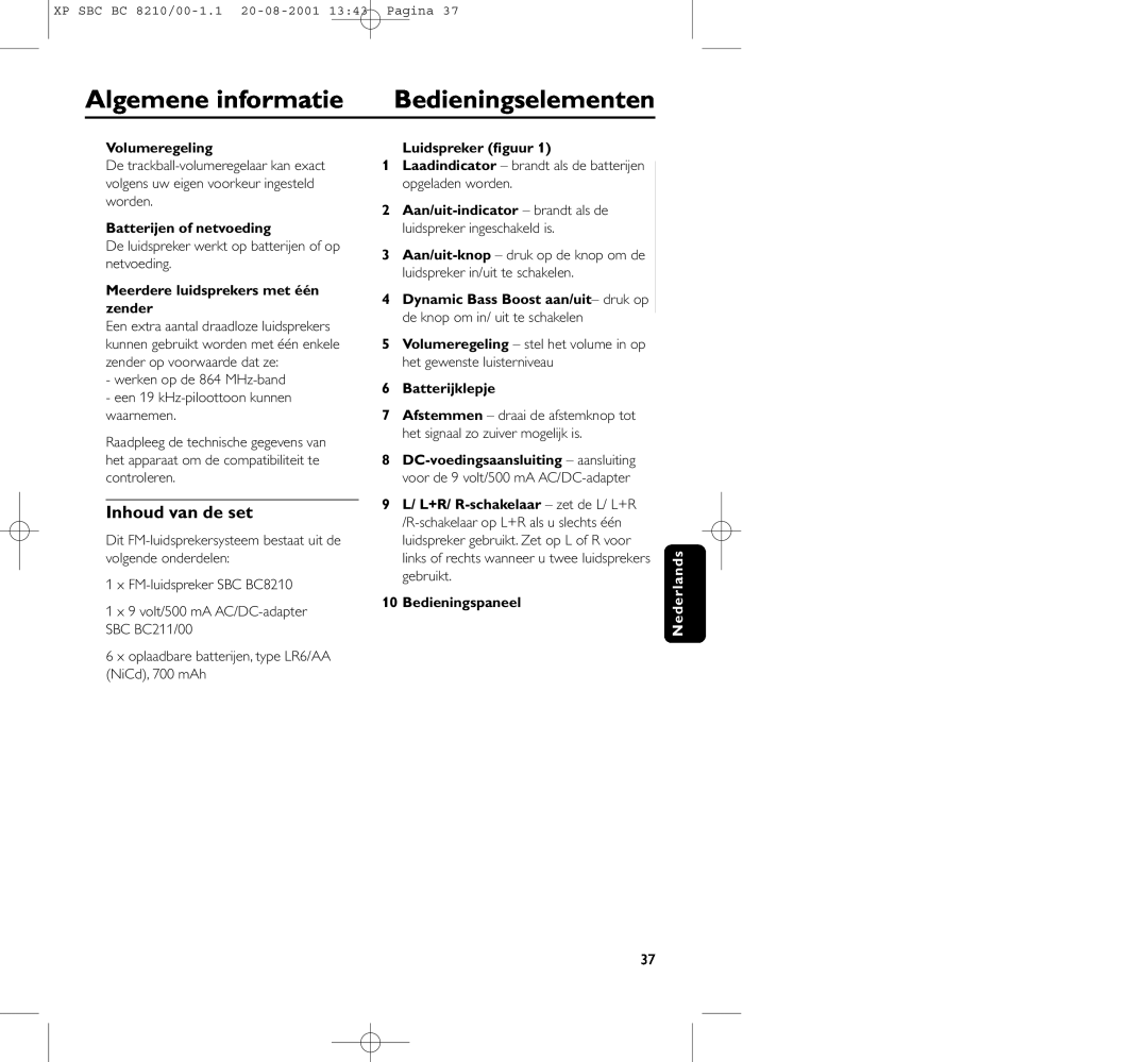 Philips BC8210 manual Bedieningselementen, Algemene informatie, Inhoud van de set, Volumeregeling, Batterijen of netvoeding 
