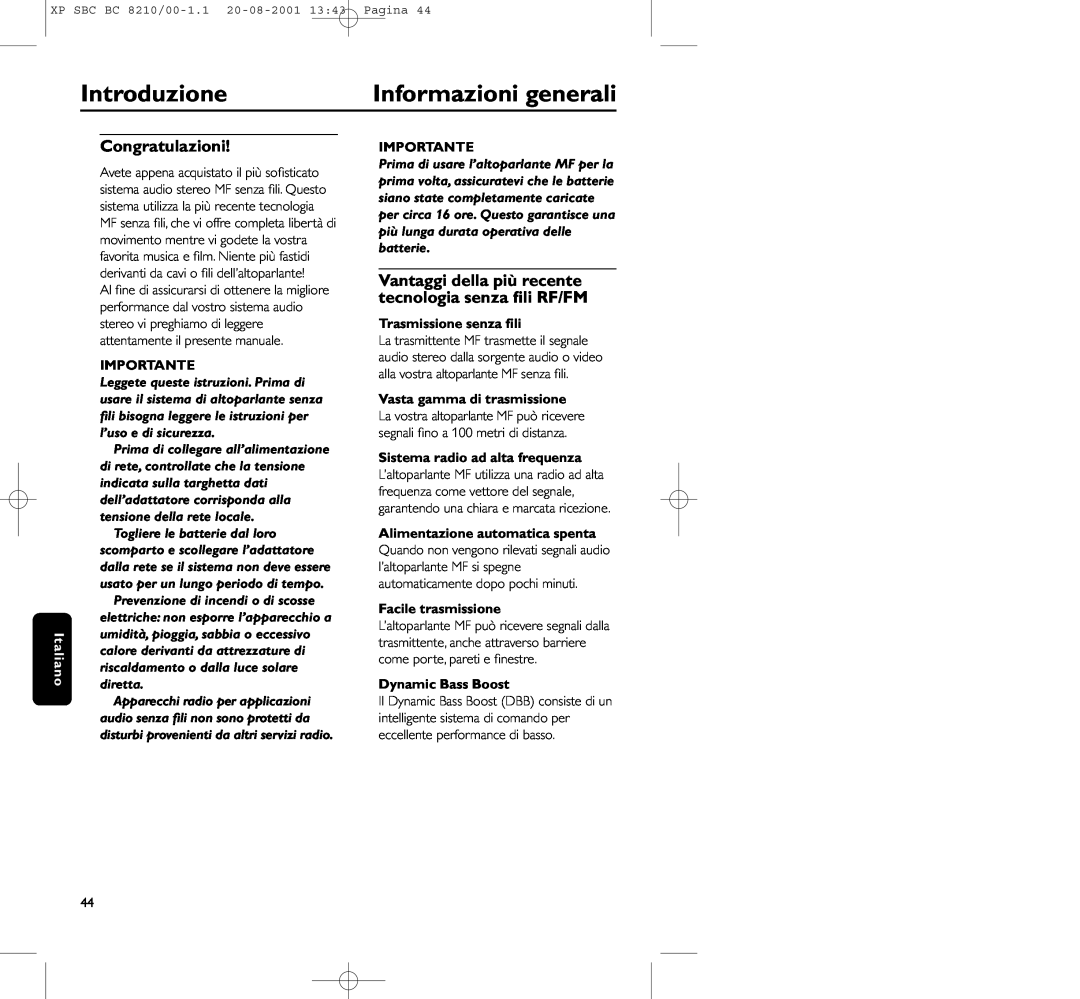 Philips BC8210 manual Introduzione, Informazioni generali, Congratulazioni, Importante, Trasmissione senza ﬁli 