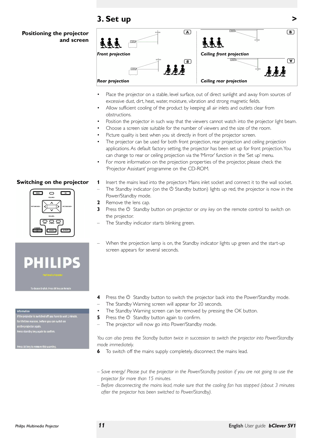 Philips bClever SV1 manual Set up, Switching on the projector 