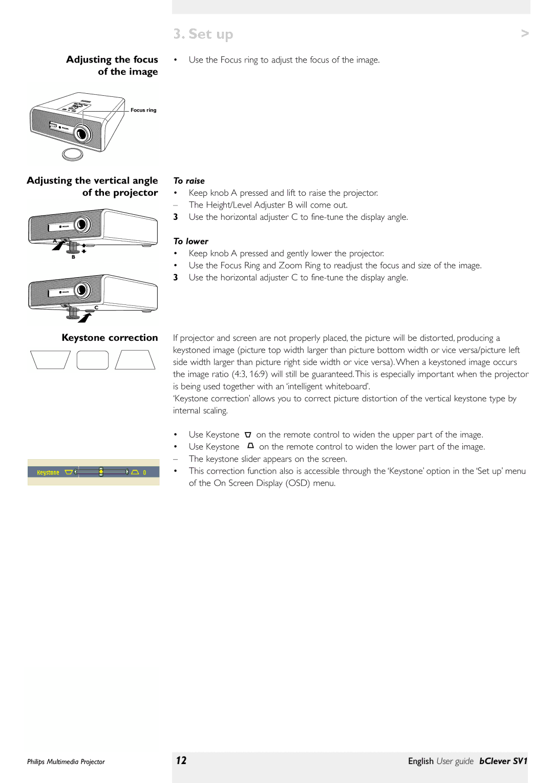 Philips bClever SV1 manual Set up, Projector, To raise, Height/Level Adjuster B will come out, To lower 