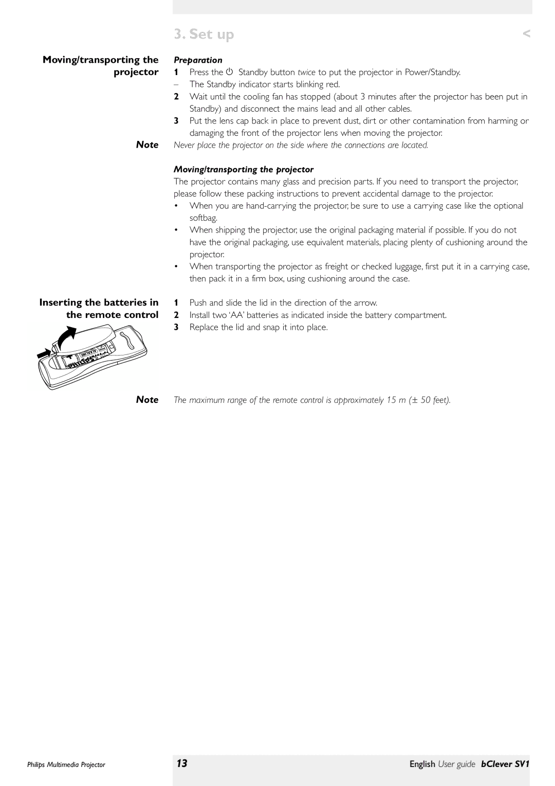 Philips bClever SV1 manual Remote control, Preparation, Standby and disconnect the mains lead and all other cables 