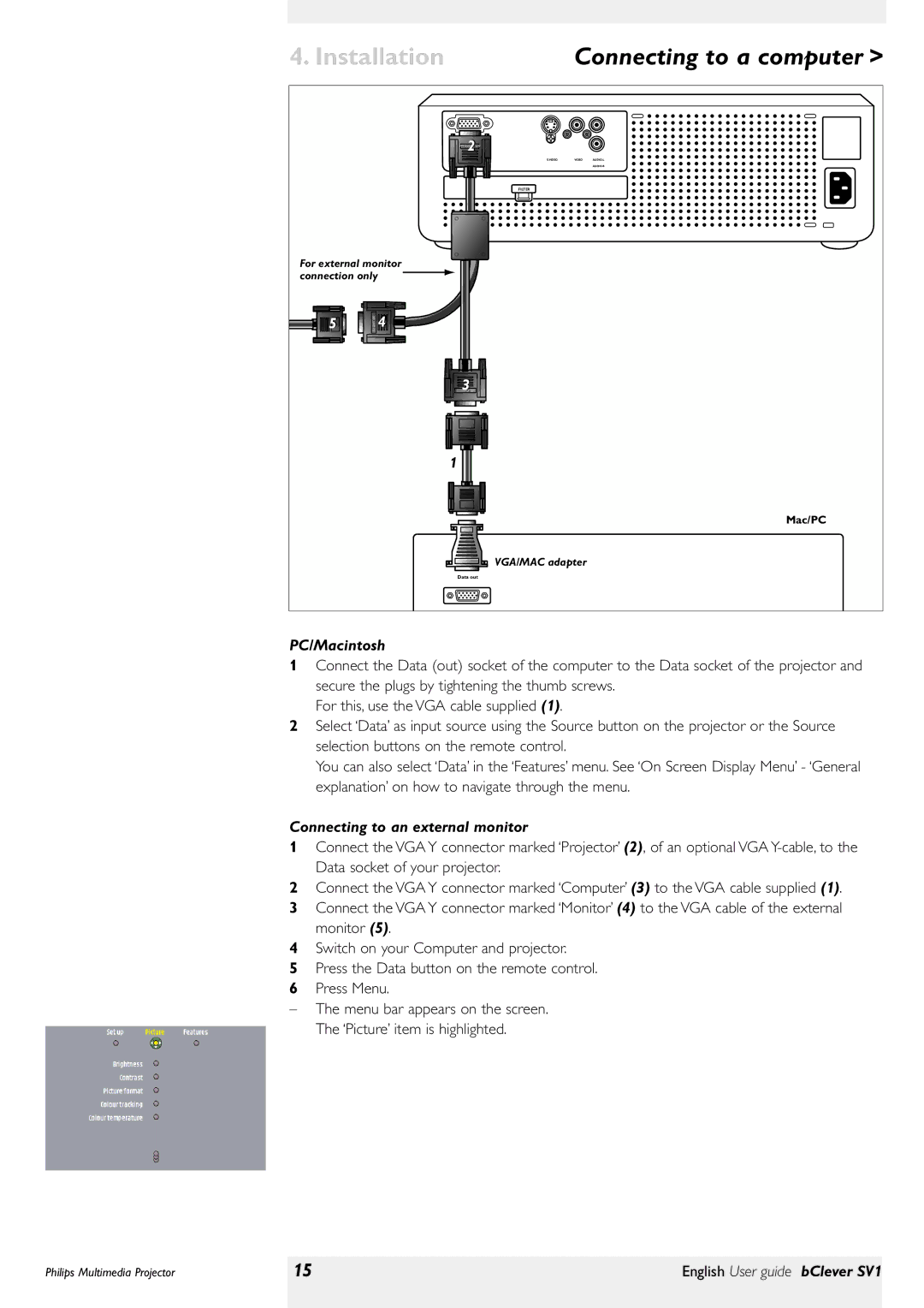 Philips bClever SV1 manual PC/Macintosh, Connecting to an external monitor 