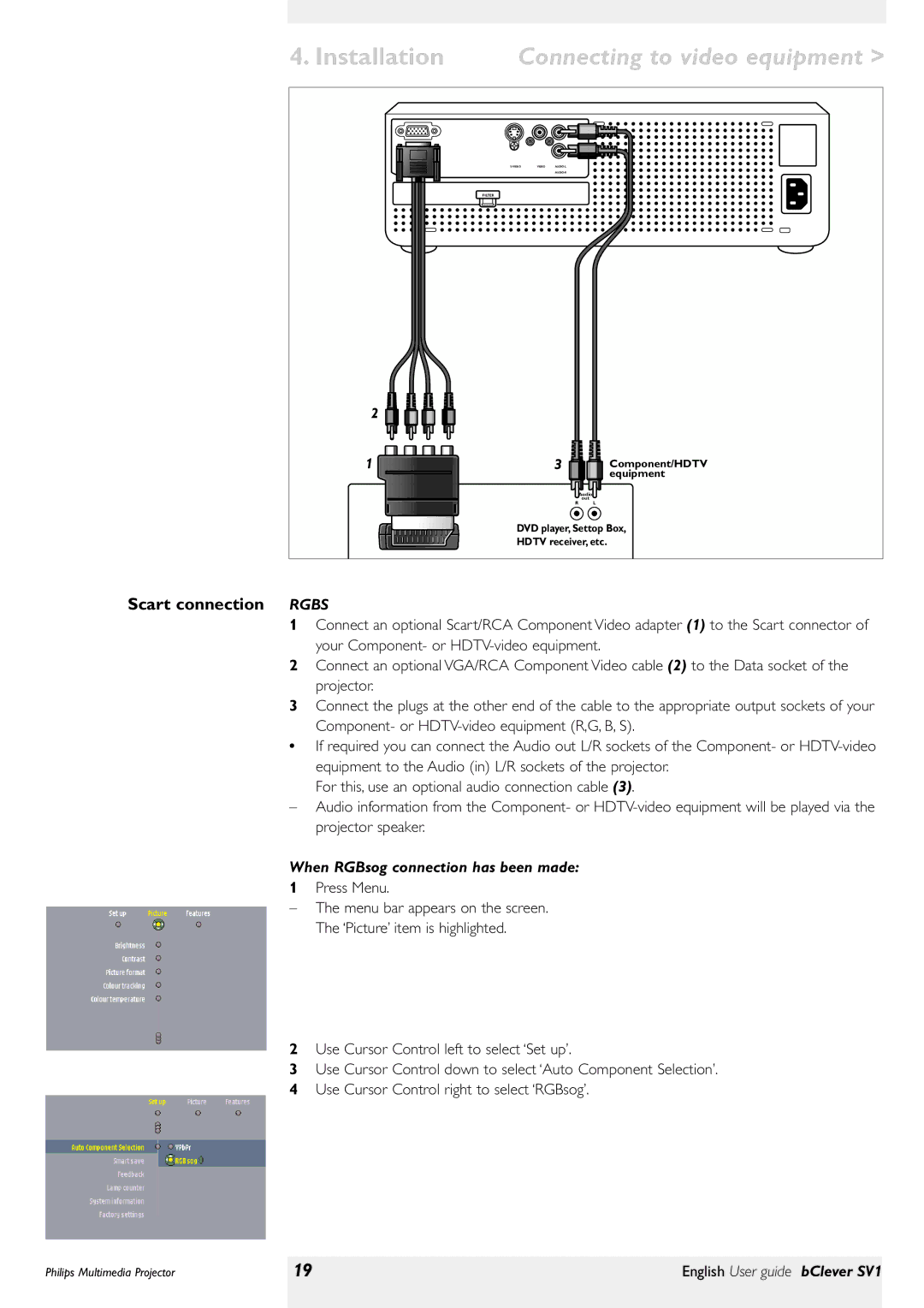 Philips bClever SV1 manual Scart connection Rgbs, When RGBsog connection has been made 