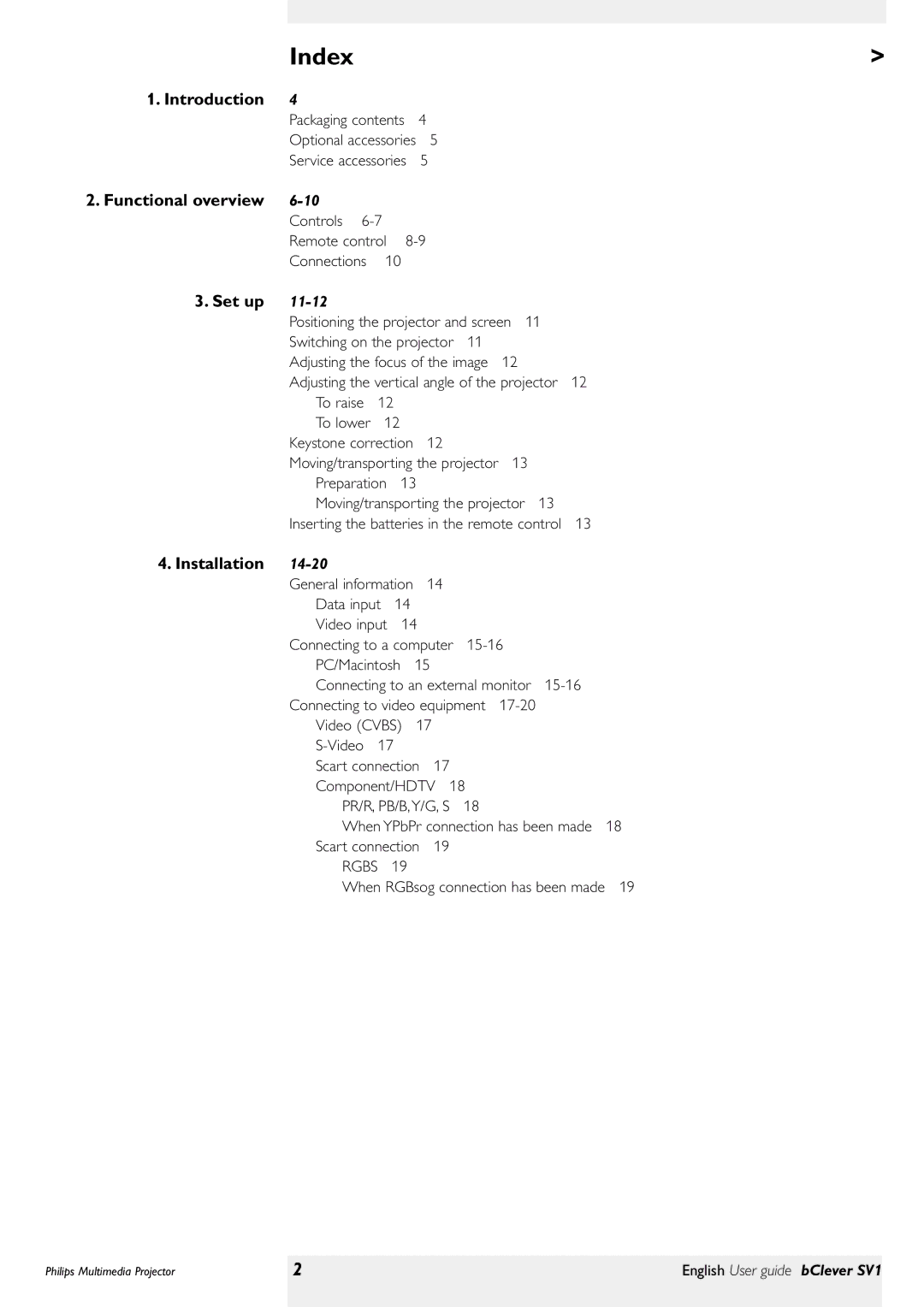 Philips bClever SV1 manual Index, Introduction, Set up, Installation 