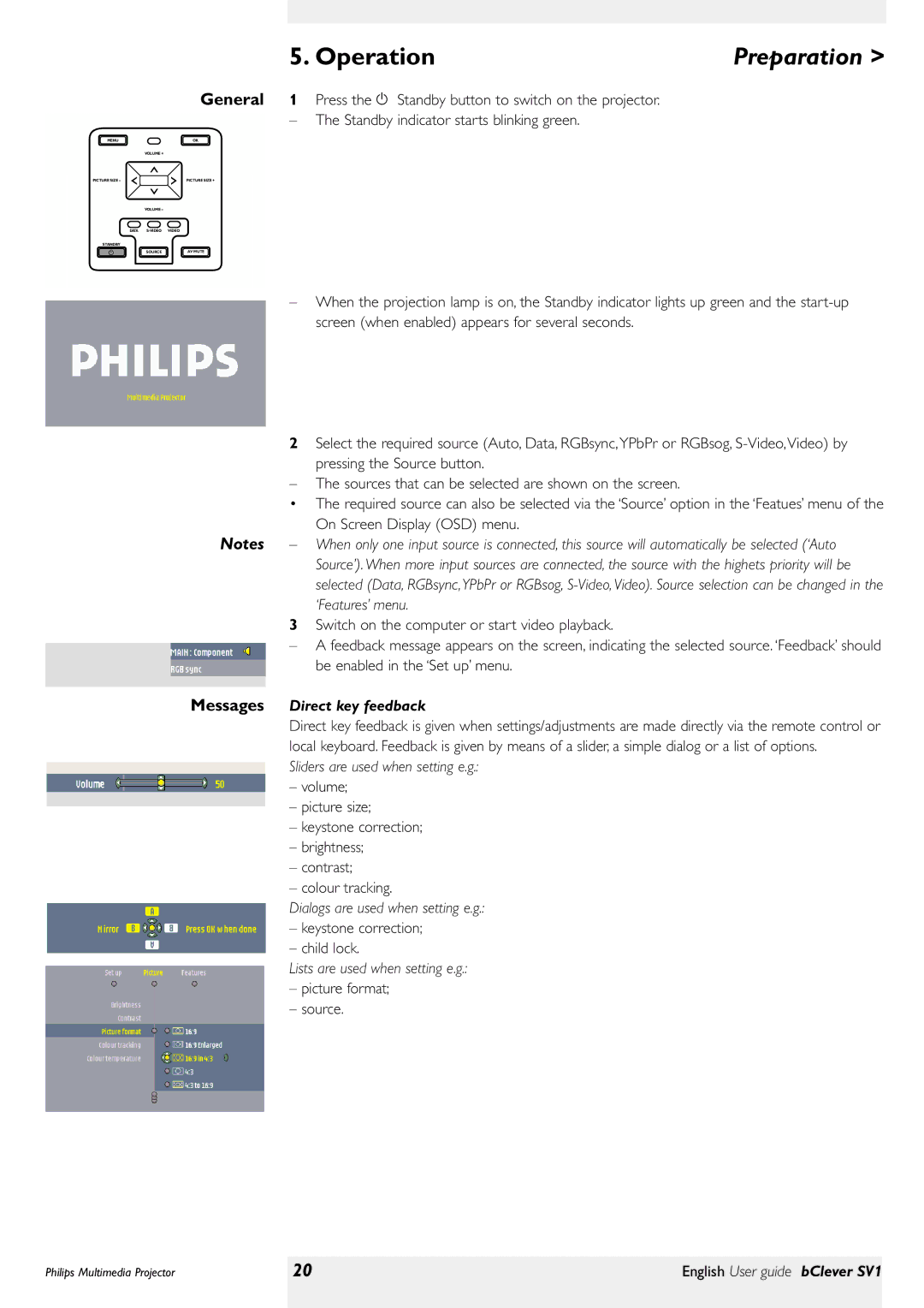 Philips bClever SV1 manual Operation, Messages, Direct key feedback 