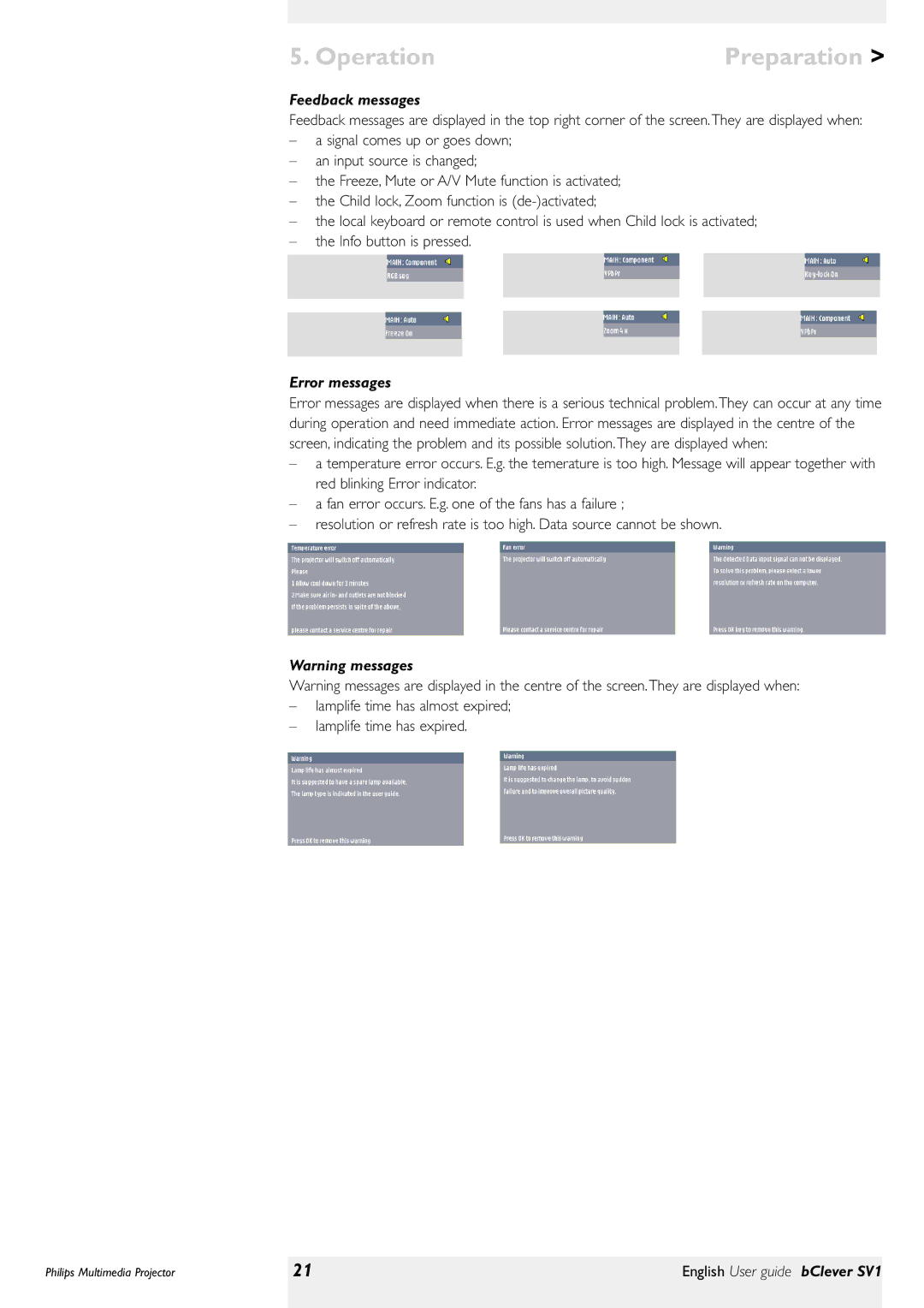 Philips bClever SV1 manual Operation Preparation, Feedback messages, Error messages 