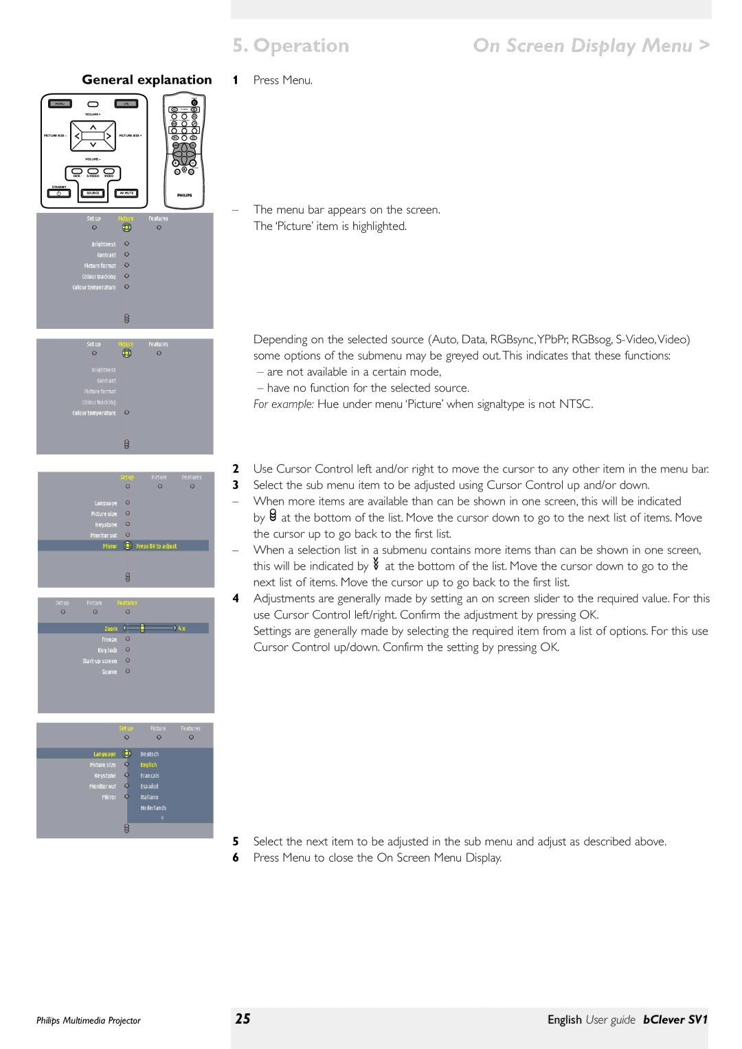 Philips bClever SV1 manual General explanation 1 Press Menu 