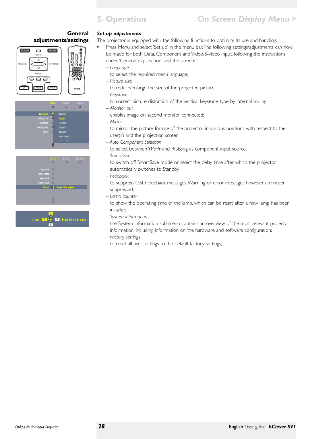 Philips bClever SV1 manual Set up adjustments 