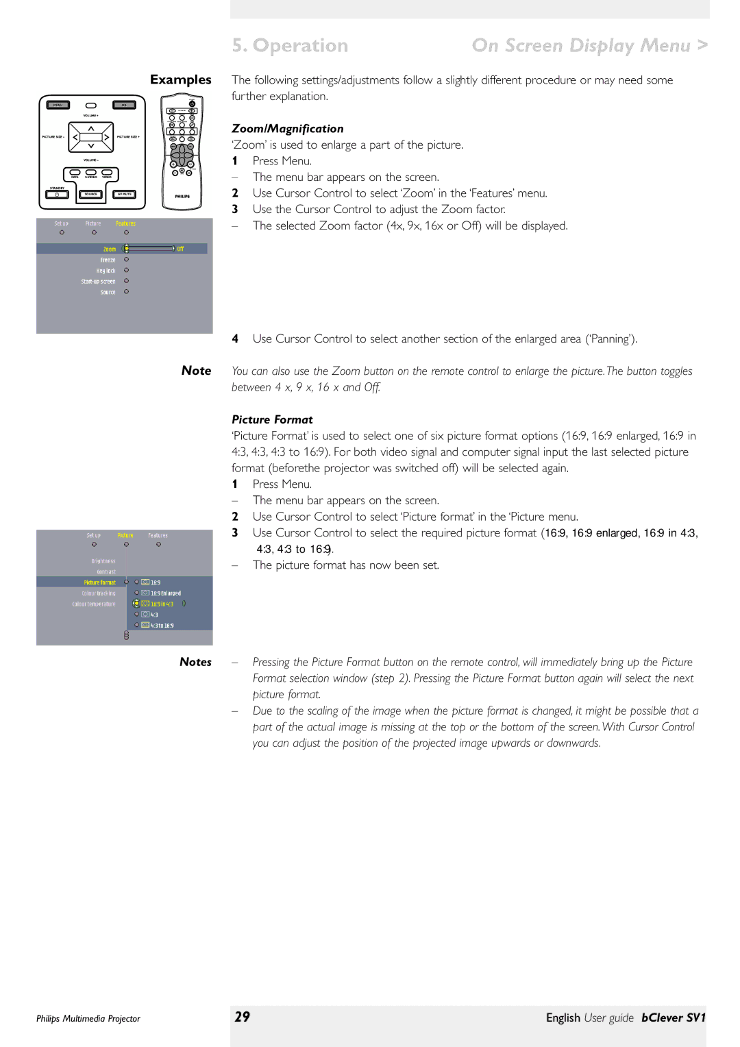 Philips bClever SV1 manual Examples, Zoom/Magnification, Picture Format 