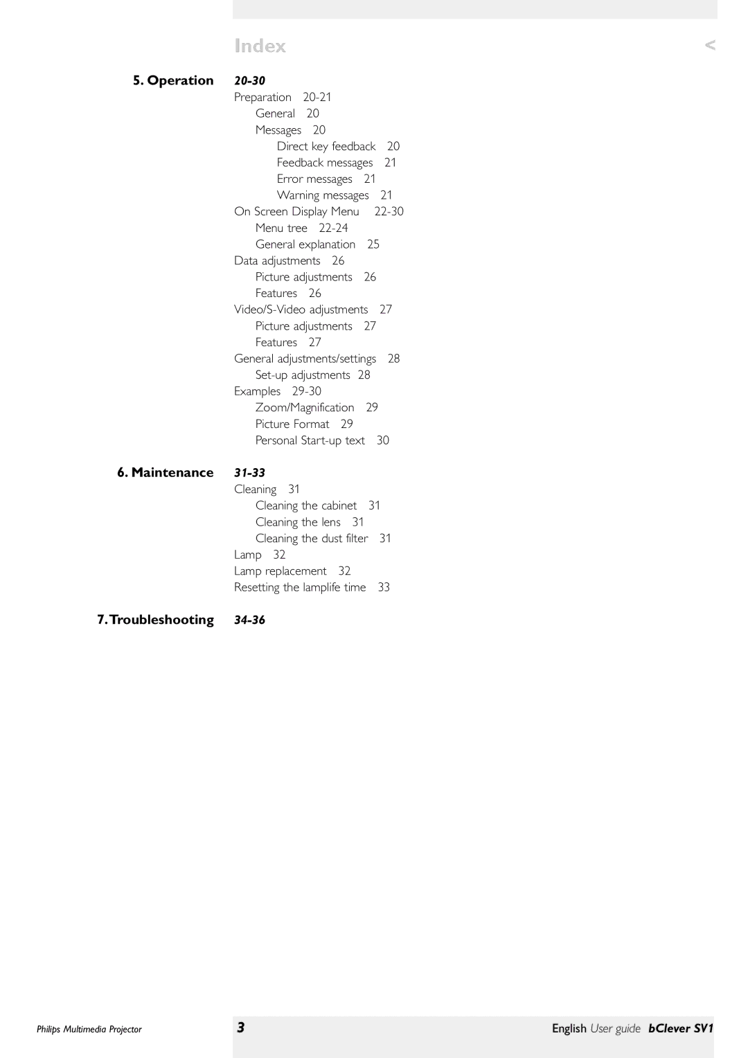 Philips bClever SV1 manual Index, Operation, Maintenance, Troubleshooting, 20-30 