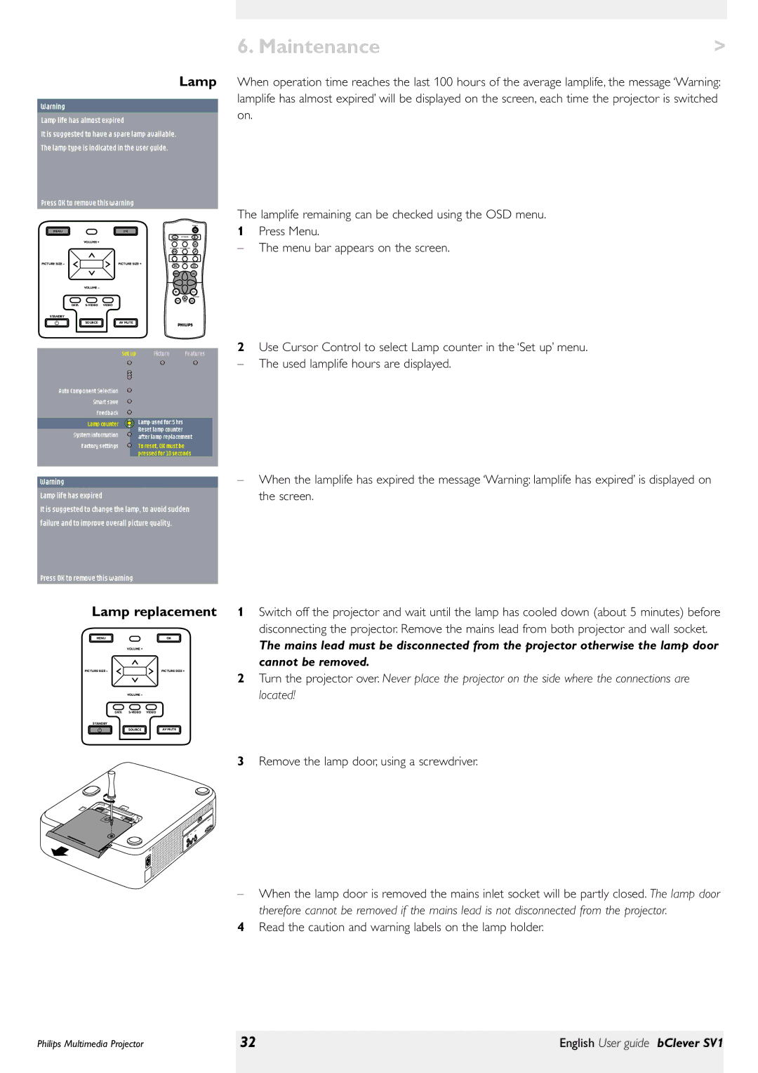 Philips bClever SV1 manual Maintenance, Lamp replacement, Remove the lamp door, using a screwdriver 