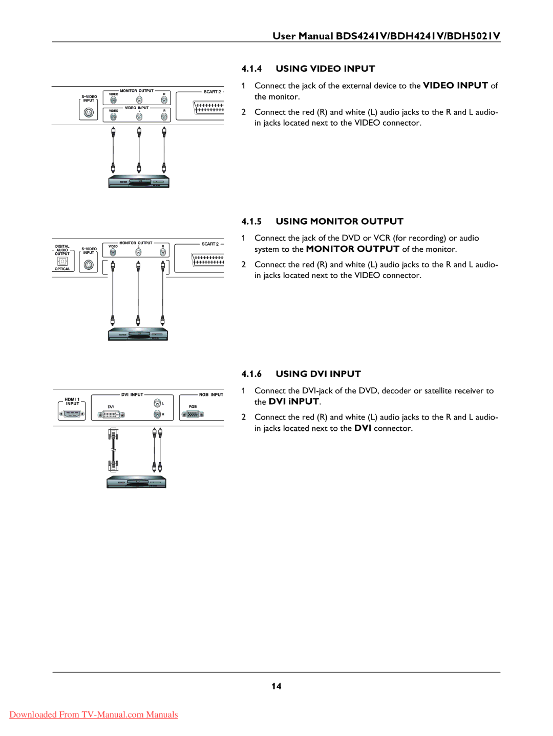 Philips BDH5021V, BDH4241V, BDS4241V user manual Using Video Input, Using Monitor Output, Using DVI Input 