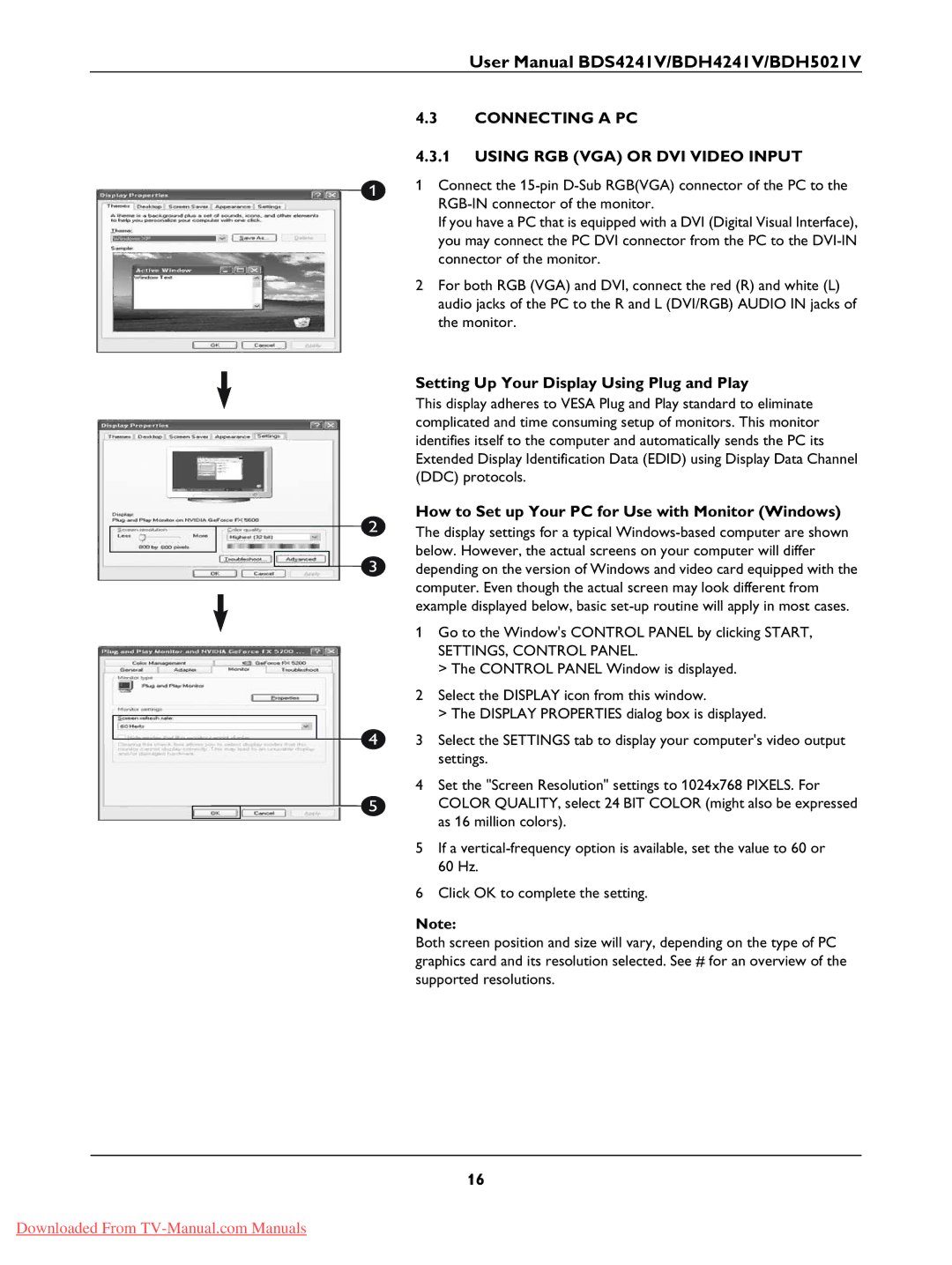 Philips BDH4241V, BDH5021V Connecting a PC Using RGB VGA or DVI Video Input, Setting Up Your Display Using Plug and Play 