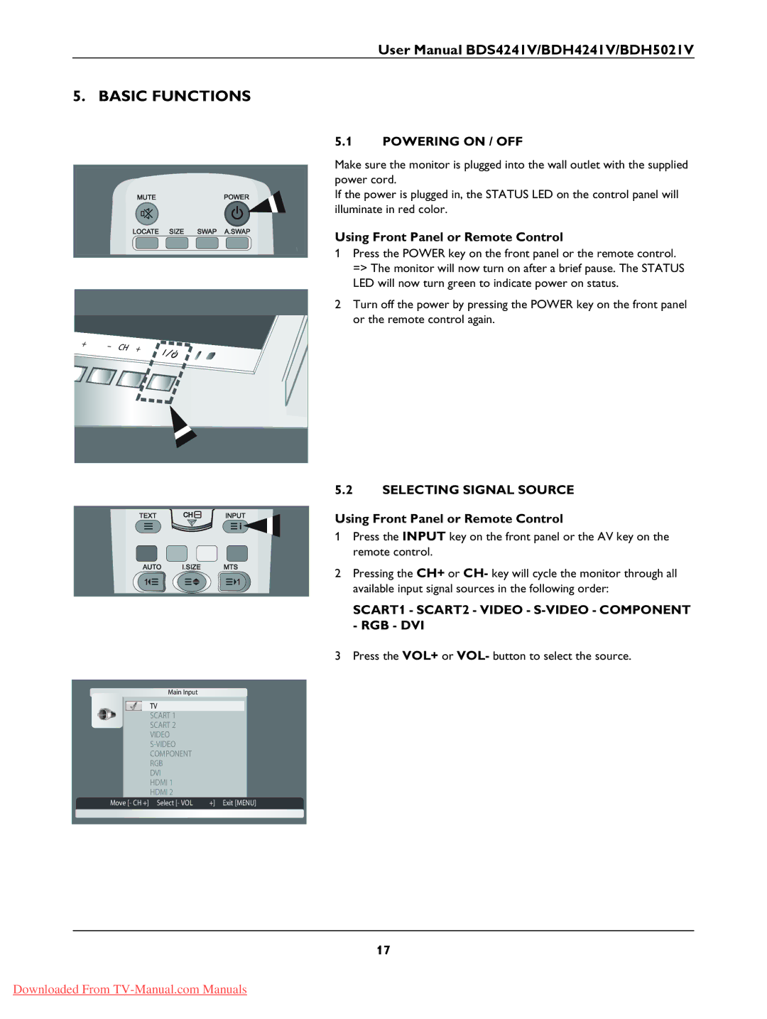 Philips BDH5021V Basic Functions, Powering on / OFF, Using Front Panel or Remote Control, Selecting Signal Source 