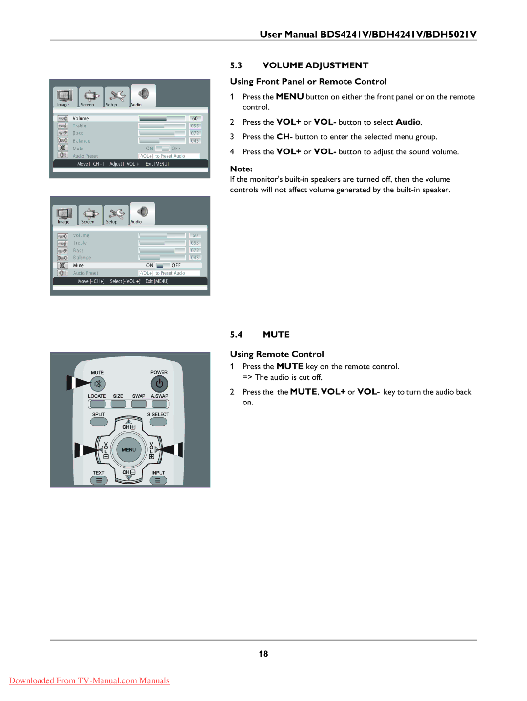 Philips BDS4241V, BDH4241V, BDH5021V Volume Adjustment Using Front Panel or Remote Control, Mute Using Remote Control 