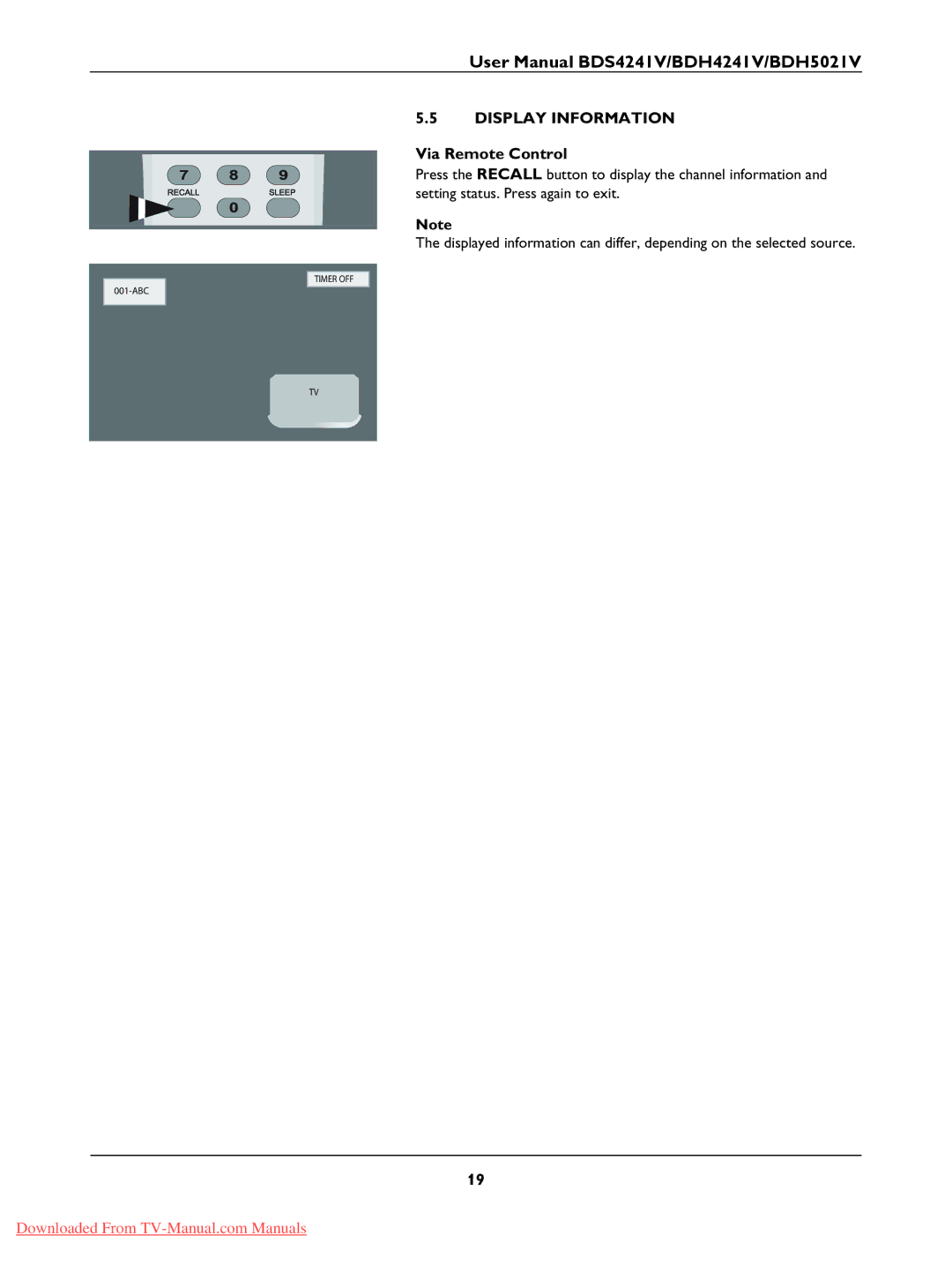 Philips BDH4241V, BDH5021V, BDS4241V user manual Display Information, Via Remote Control 