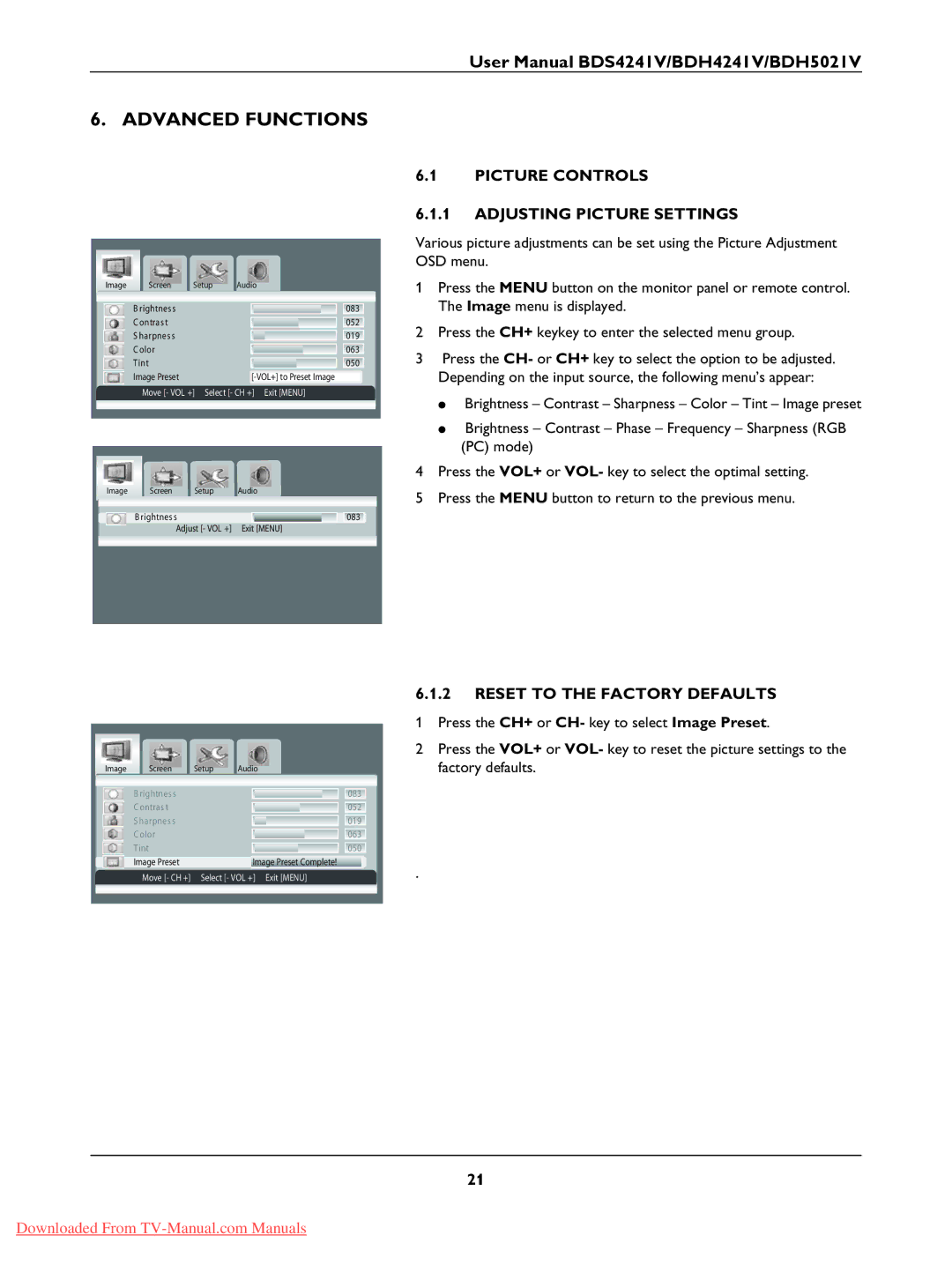 Philips BDS4241V, BDH4241V Advanced Functions, Picture Controls Adjusting Picture Settings, Reset to the Factory Defaults 