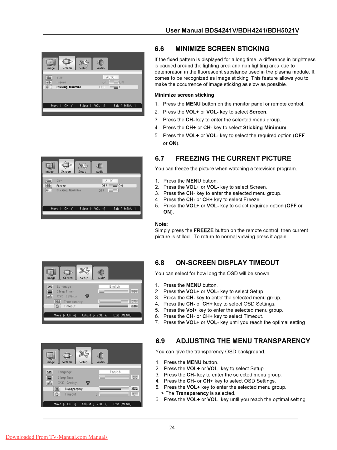 Philips BDS4241V, BDH4241V, BDH5021V Minimize Screen Sticking, Freezing the Current Picture, ON-SCREEN Display Timeout 