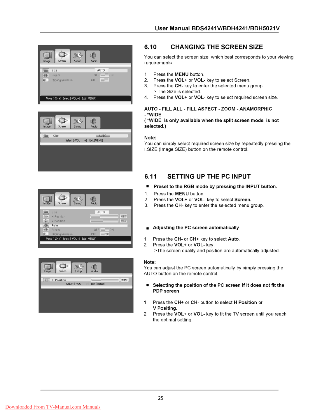 Philips BDH4241V Changing the Screen Size, Setting UP the PC Input, Preset to the RGB mode by pressing the Input button 