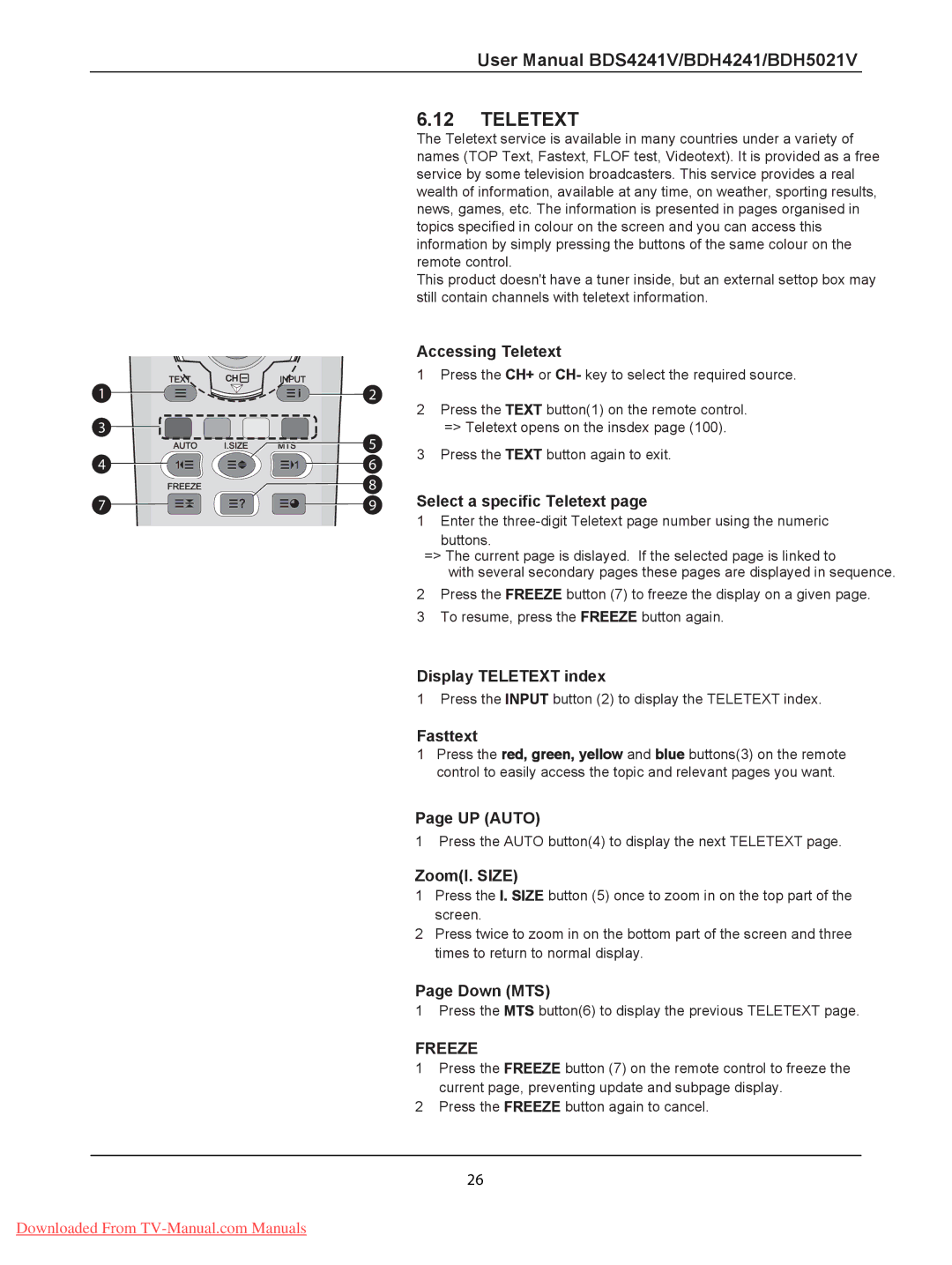 Philips BDH5021V, BDH4241V Accessing Teletext, Select a specific Teletext, Display Teletext index, ZoomI. Size 