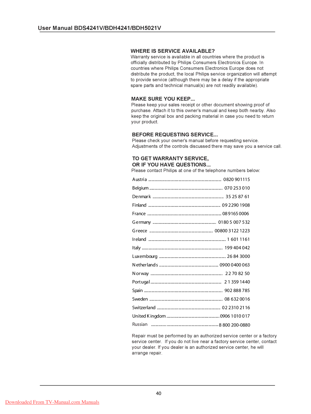 Philips BDH4241V, BDH5021V, BDS4241V user manual Where is Service AVAILABLE?, Make Sure YOU Keep Before Requesting Service 