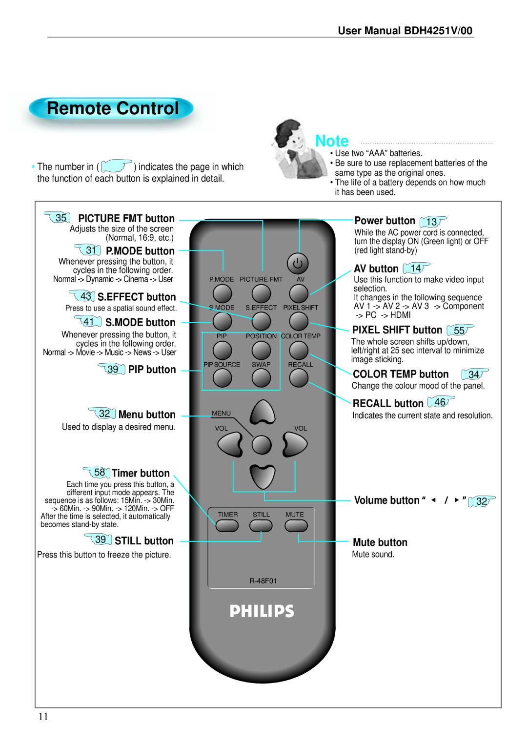 Philips BDH4251V/00 Normal Dynamic Cinema User, Used to display a desired menu, Press this button to freeze the picture 