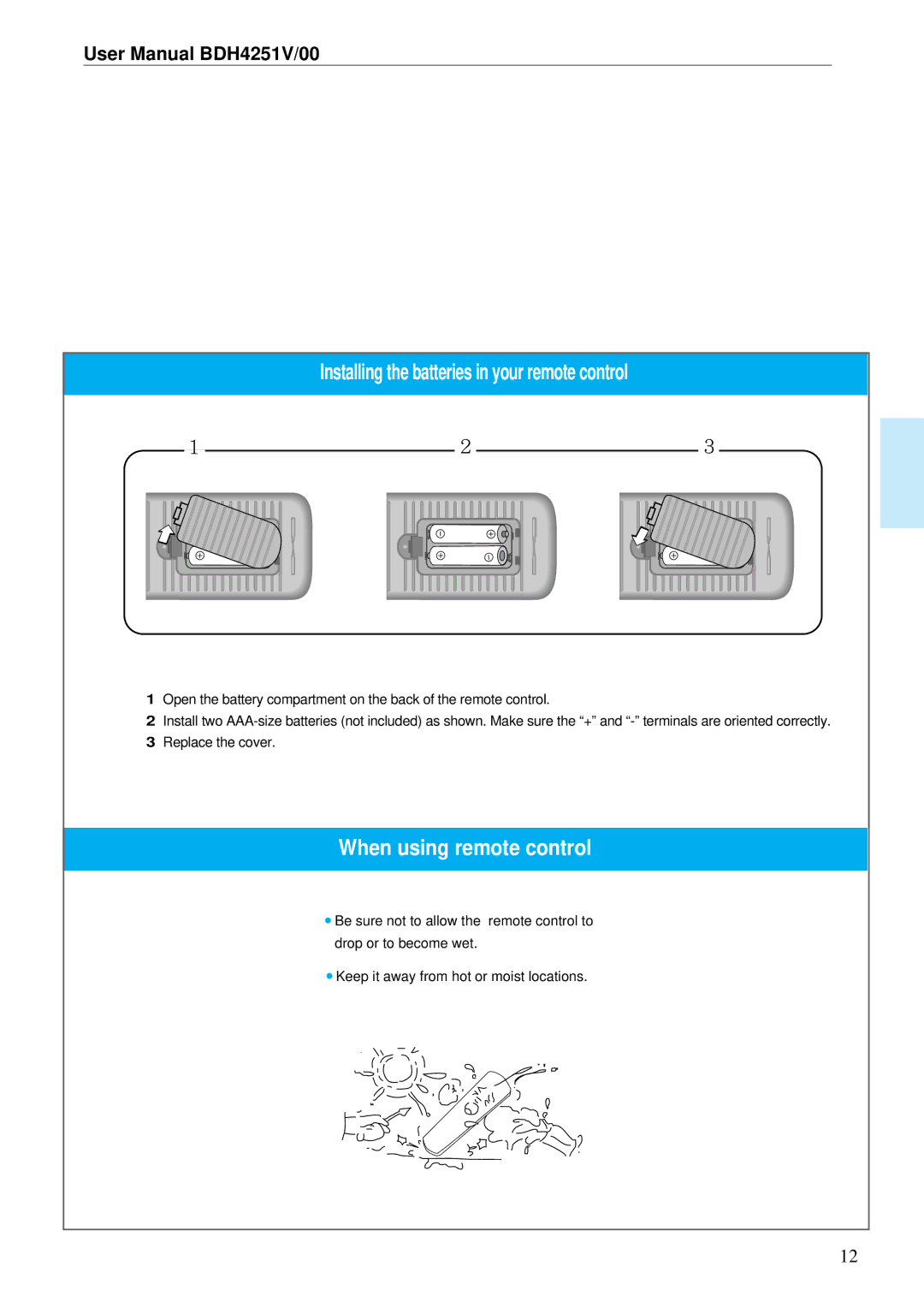 Philips BDH4251V/00 user manual Installing the batteries in your remote control 