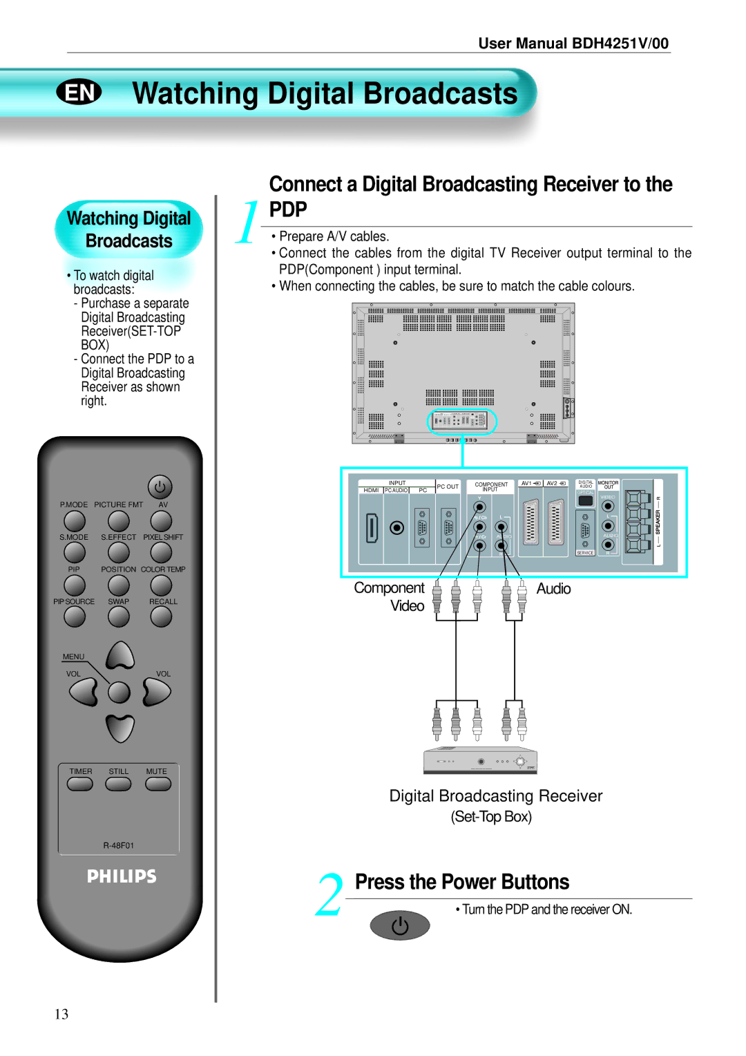 Philips BDH4251V/00 user manual EN Watching Digital Broadcasts, Press the Power Buttons, Component Audio 