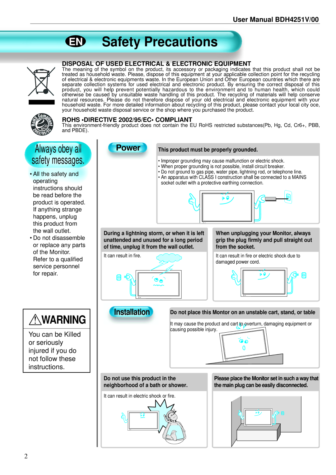 Philips BDH4251V/00 user manual EN Safety Precautions, Power, Installation 