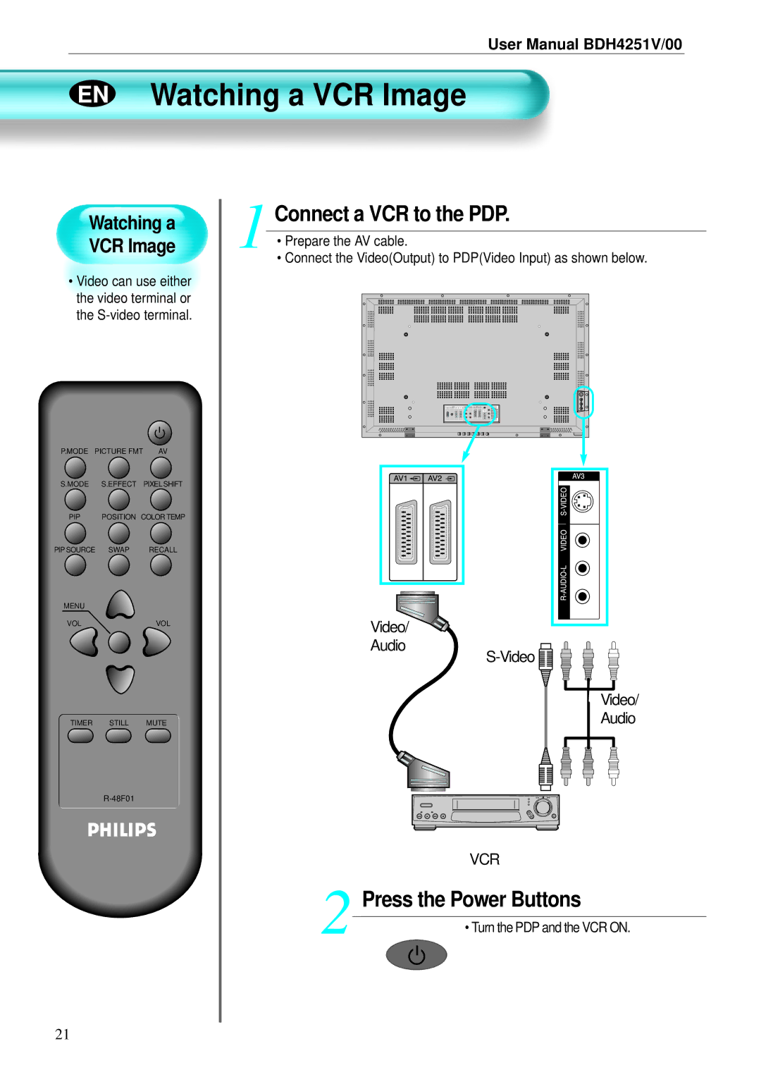 Philips BDH4251V/00 user manual EN Watching a VCR Image, Connect a VCR to the PDP, Turn the PDP and the VCR on 