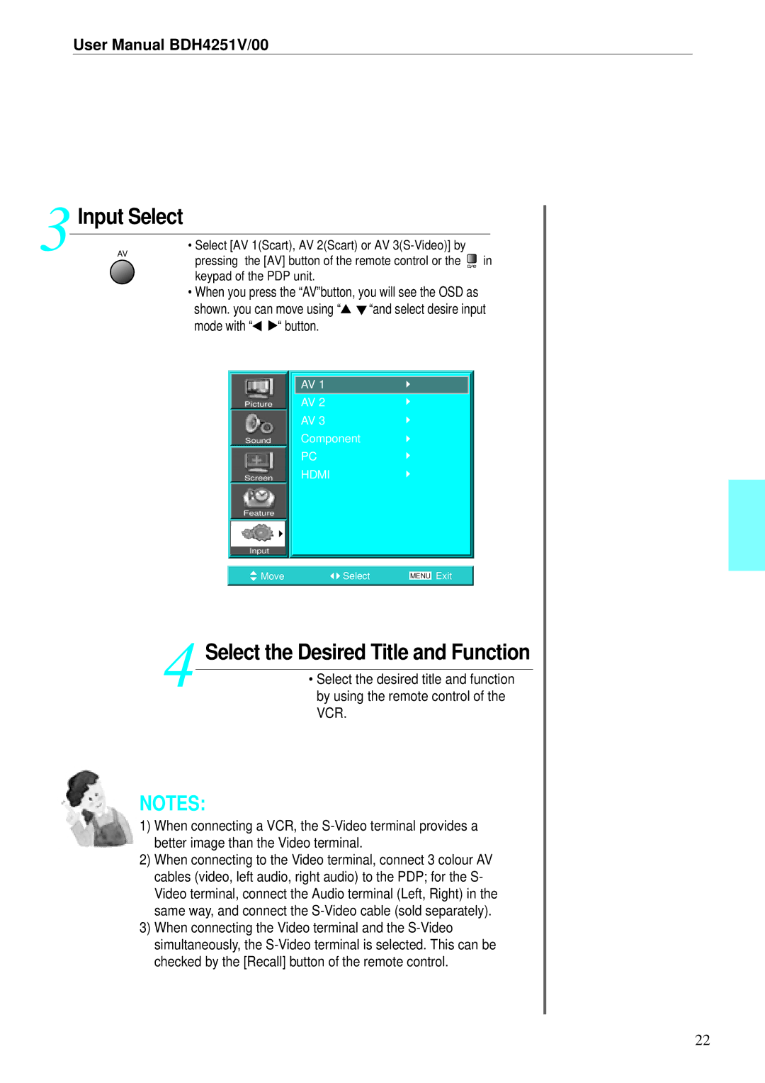 Philips BDH4251V/00 user manual Select AV 1Scart, AV 2Scart or AV 3S-Video by 