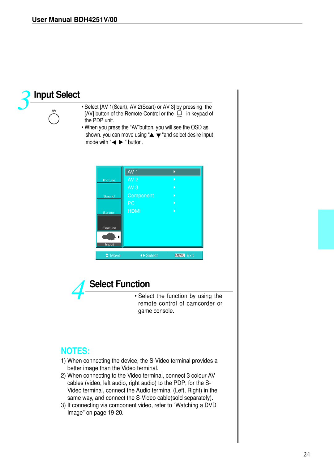 Philips BDH4251V/00 user manual Select Function, AV button of the Remote Control or, PDP unit 