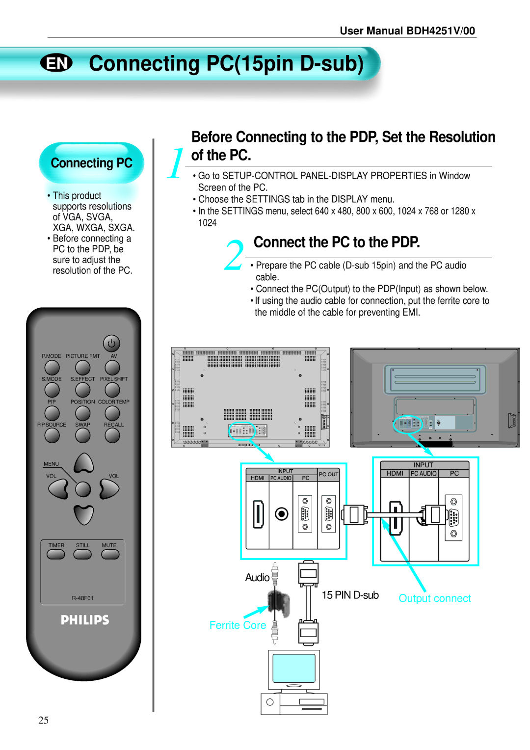 Philips BDH4251V/00 user manual EN Connecting PC15pin D-sub, Connect the PC to the PDP 