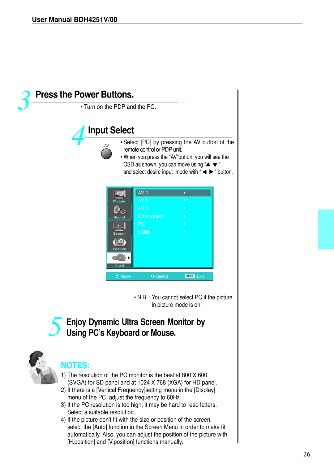 Philips BDH4251V/00 user manual Turn on the PDP and the PC, You cannot select PC if the picture in picture mode is on 