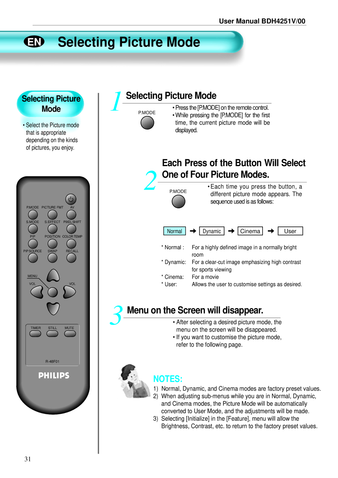 Philips BDH4251V/00 user manual EN Selecting Picture Mode, Menu on the Screen will disappear 