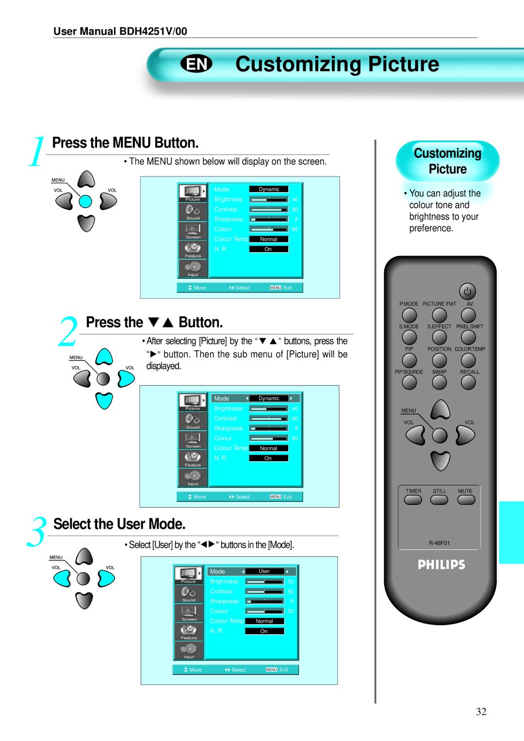 Philips BDH4251V/00 user manual EN Customizing Picture, Menu shown below will display on the screen 