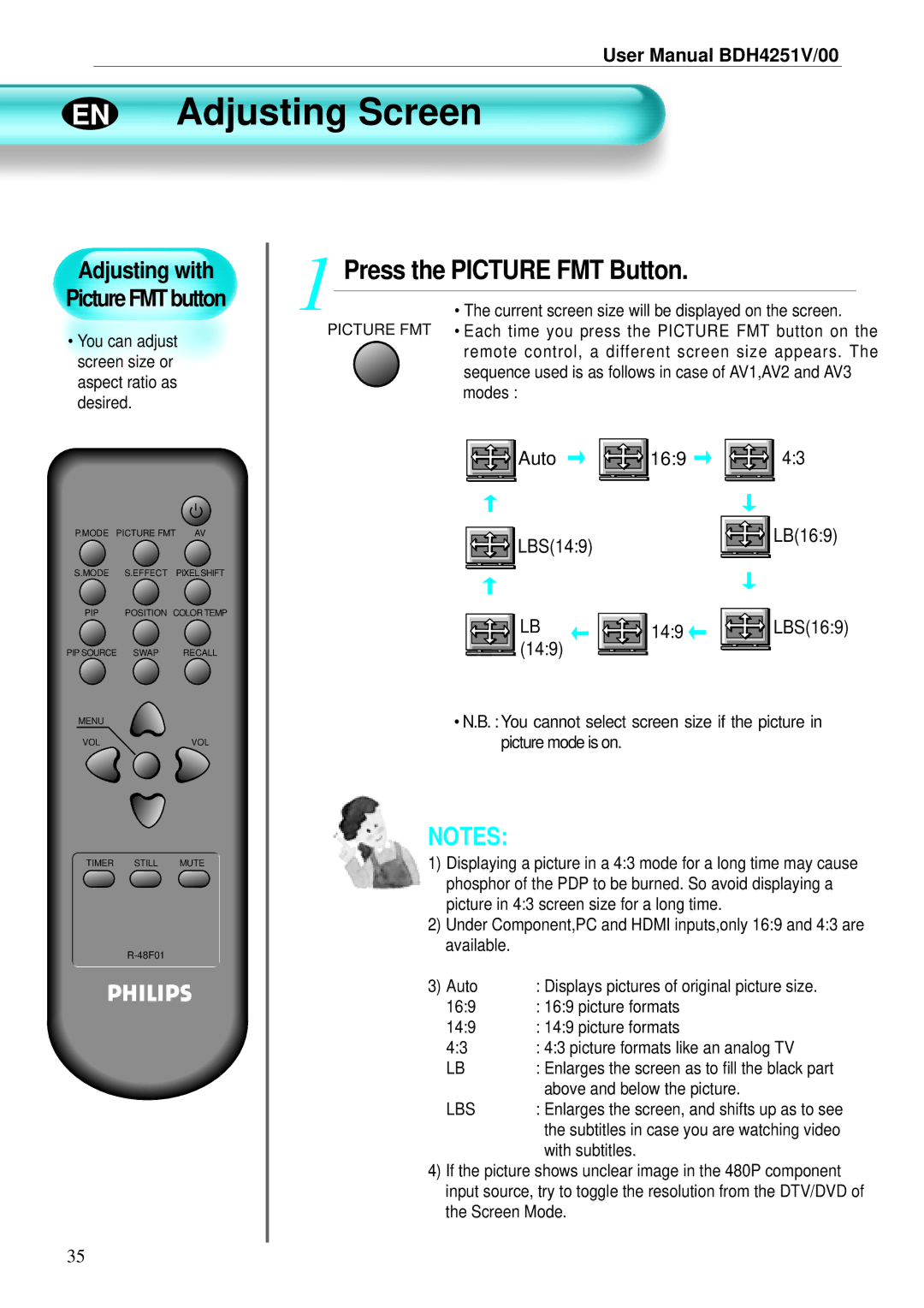 Philips BDH4251V/00 user manual EN Adjusting Screen, Press the Picture FMT Button, Adjusting with Picture FMT button 