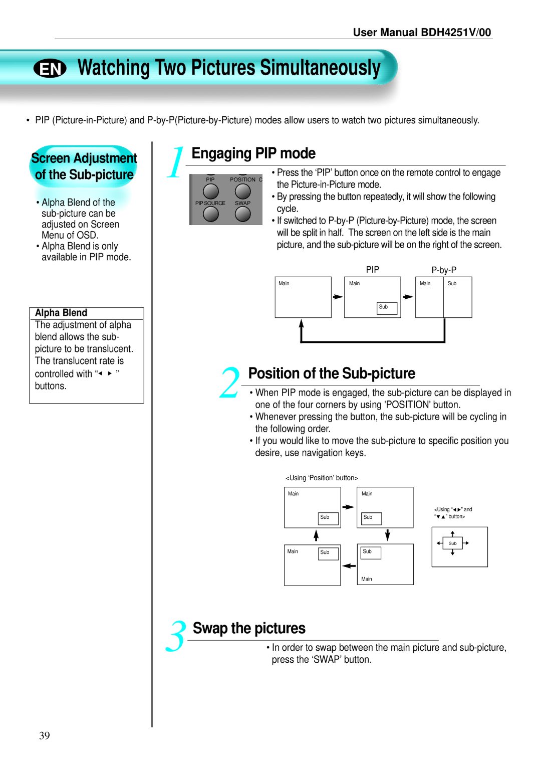 Philips BDH4251V/00 user manual EN Watching Two Pictures Simultaneously, Engaging PIP mode, Swap the pictures 