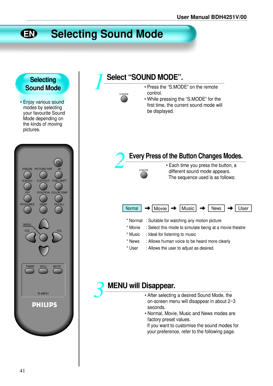 Philips BDH4251V/00 user manual EN Selecting Sound Mode, Select Sound Mode, Menu will Disappear 