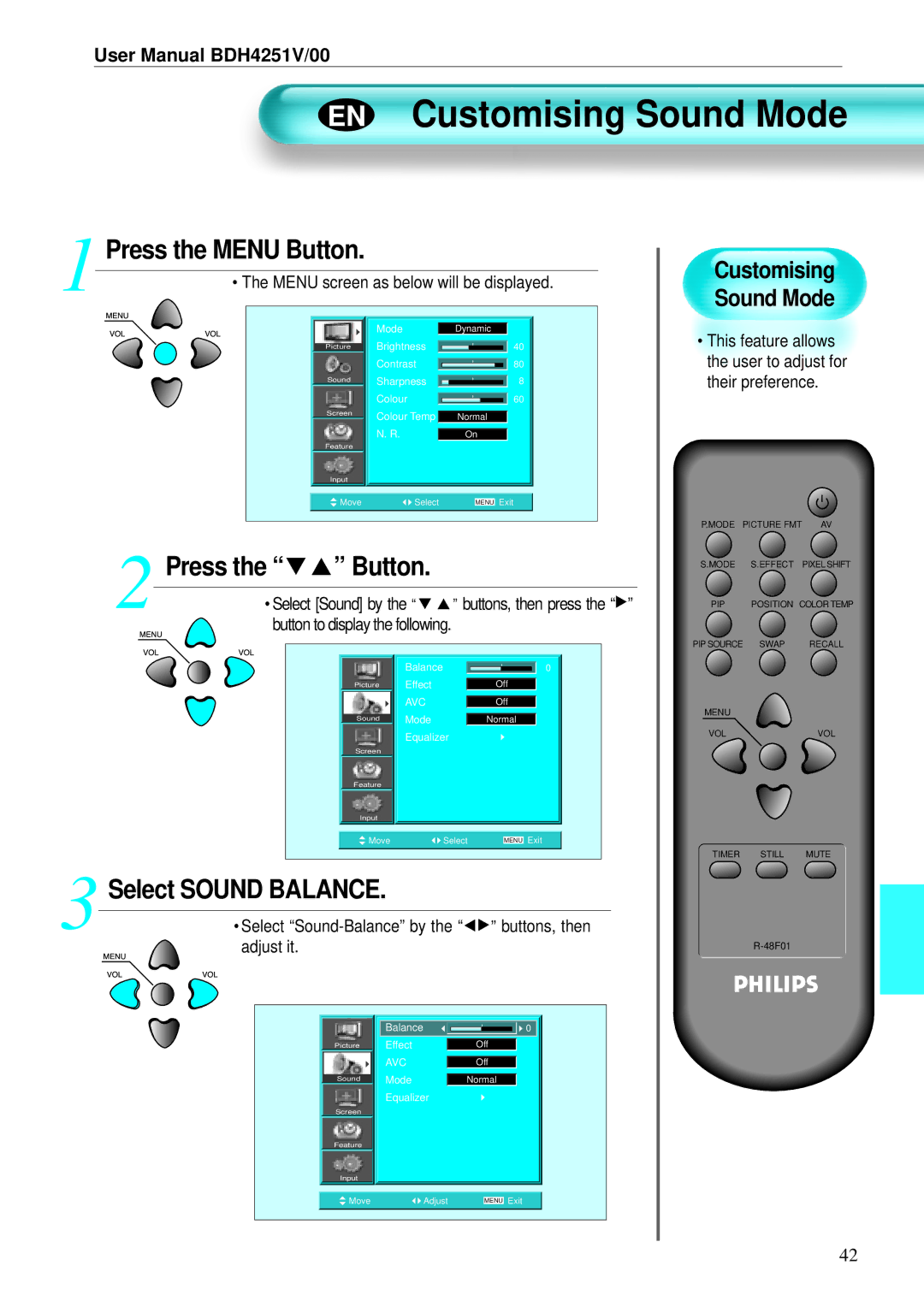 Philips BDH4251V/00 EN Customising Sound Mode, Menu screen as below will be displayed, Select Sound by, Adjust it 