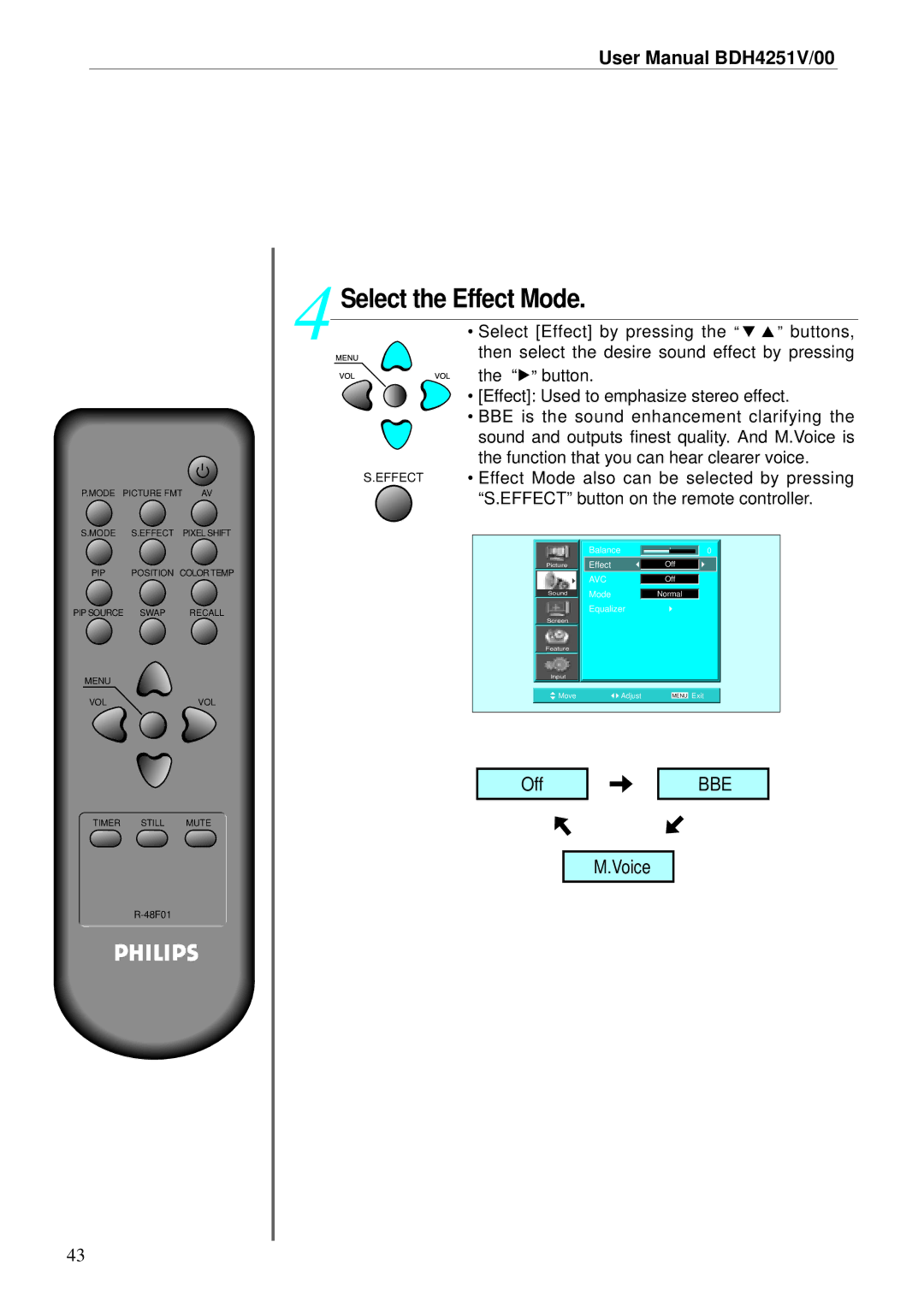 Philips BDH4251V/00 user manual Select the Effect Mode, Effect Mode also can be selected by pressing 