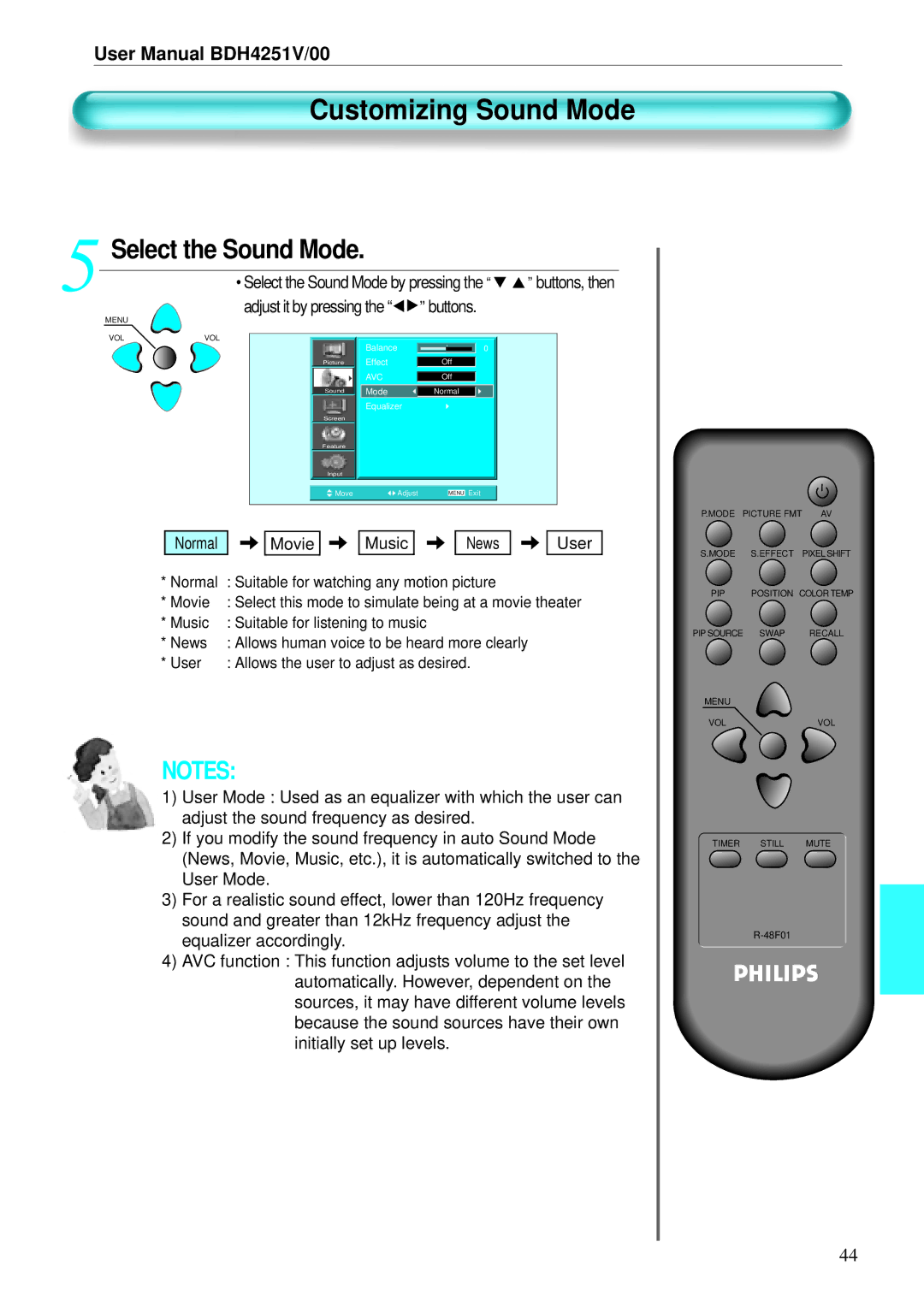 Philips BDH4251V/00 user manual Customizing Sound Mode, Select the Sound Mode, Adjust it by pressing the buttons 