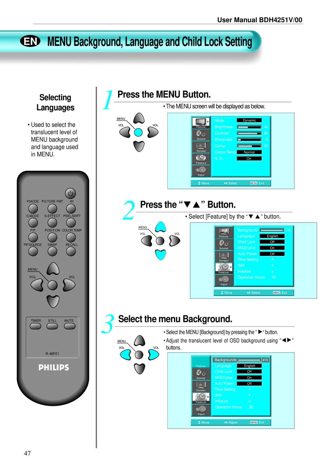 Philips BDH4251V/00 user manual Selecting Languages, Menu screen will be displayed as below, Select Feature by 