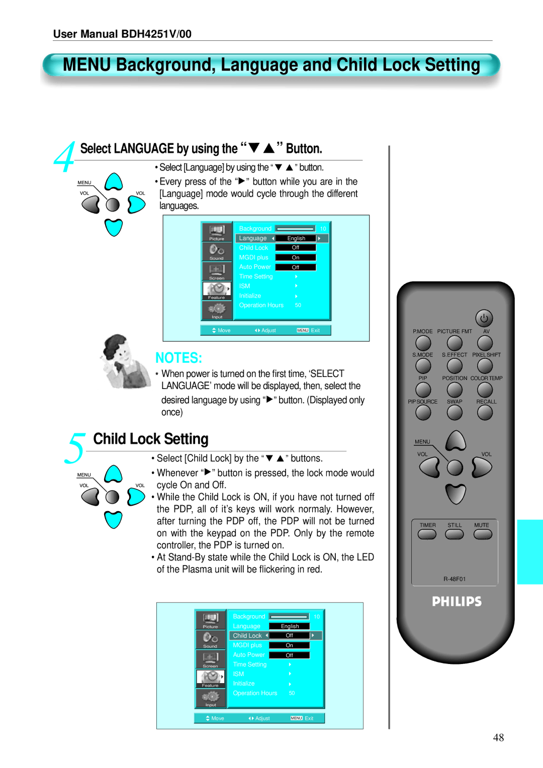 Philips BDH4251V/00 Child Lock Setting, When power is turned on the ﬁrst time, ‘SELECT, Once, Select Child Lock by 