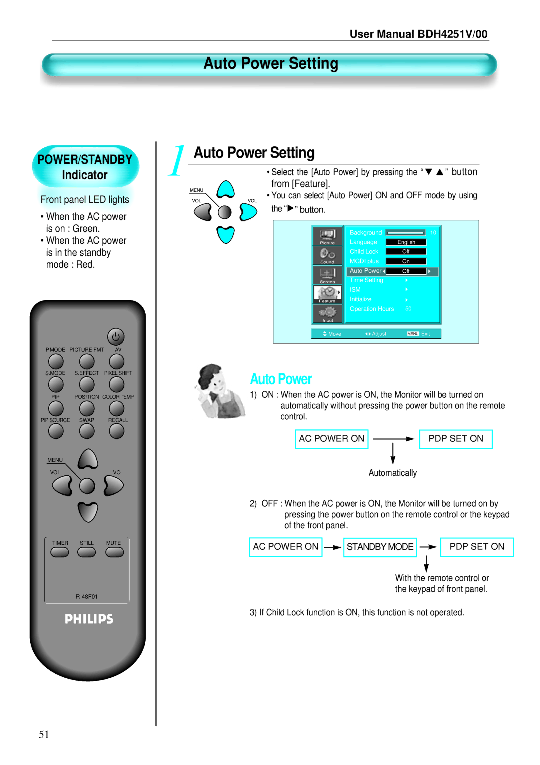 Philips BDH4251V/00 user manual Auto Power Setting, Front panel LED lights, From Feature 