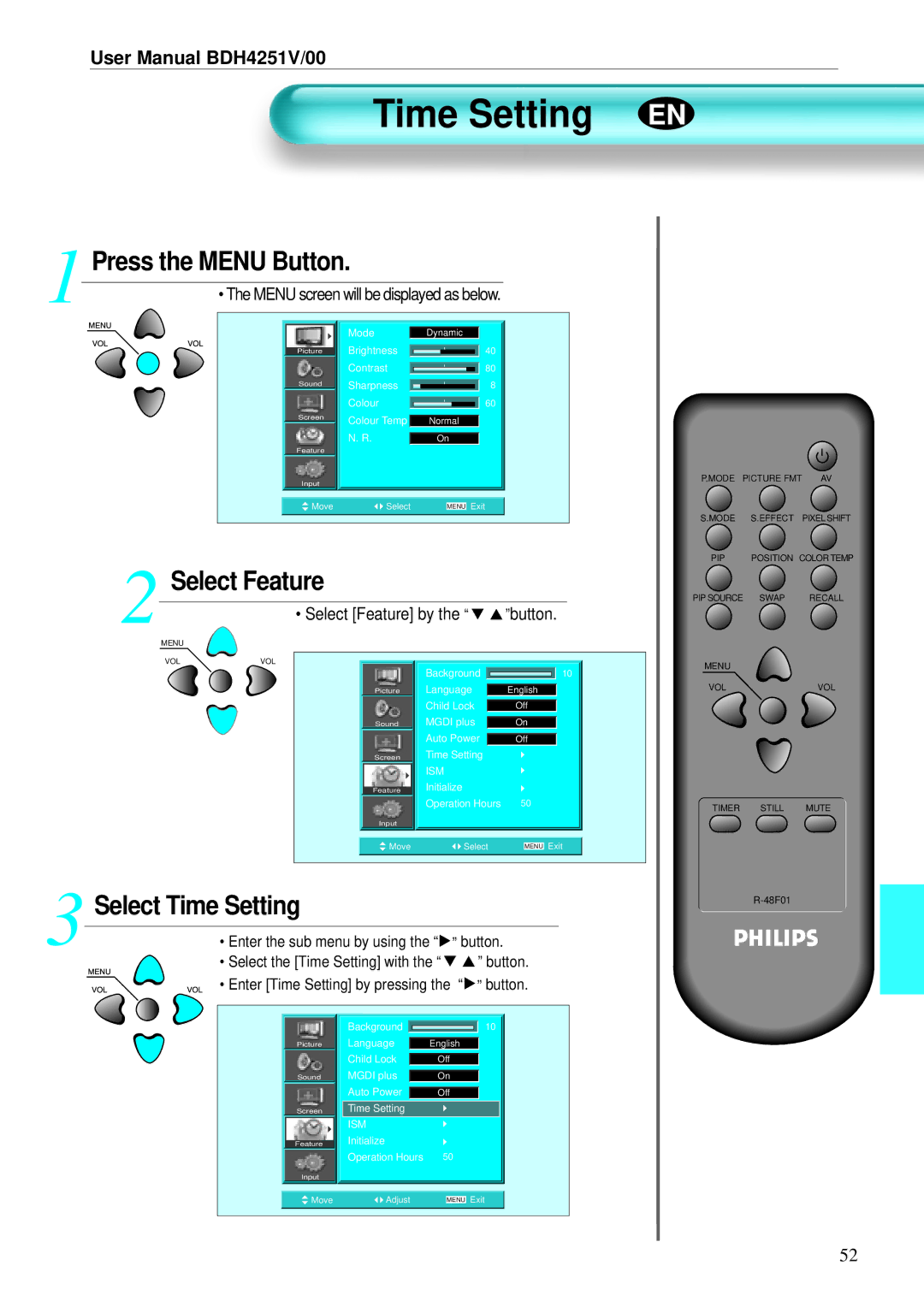 Philips BDH4251V/00 user manual Time Setting EN 