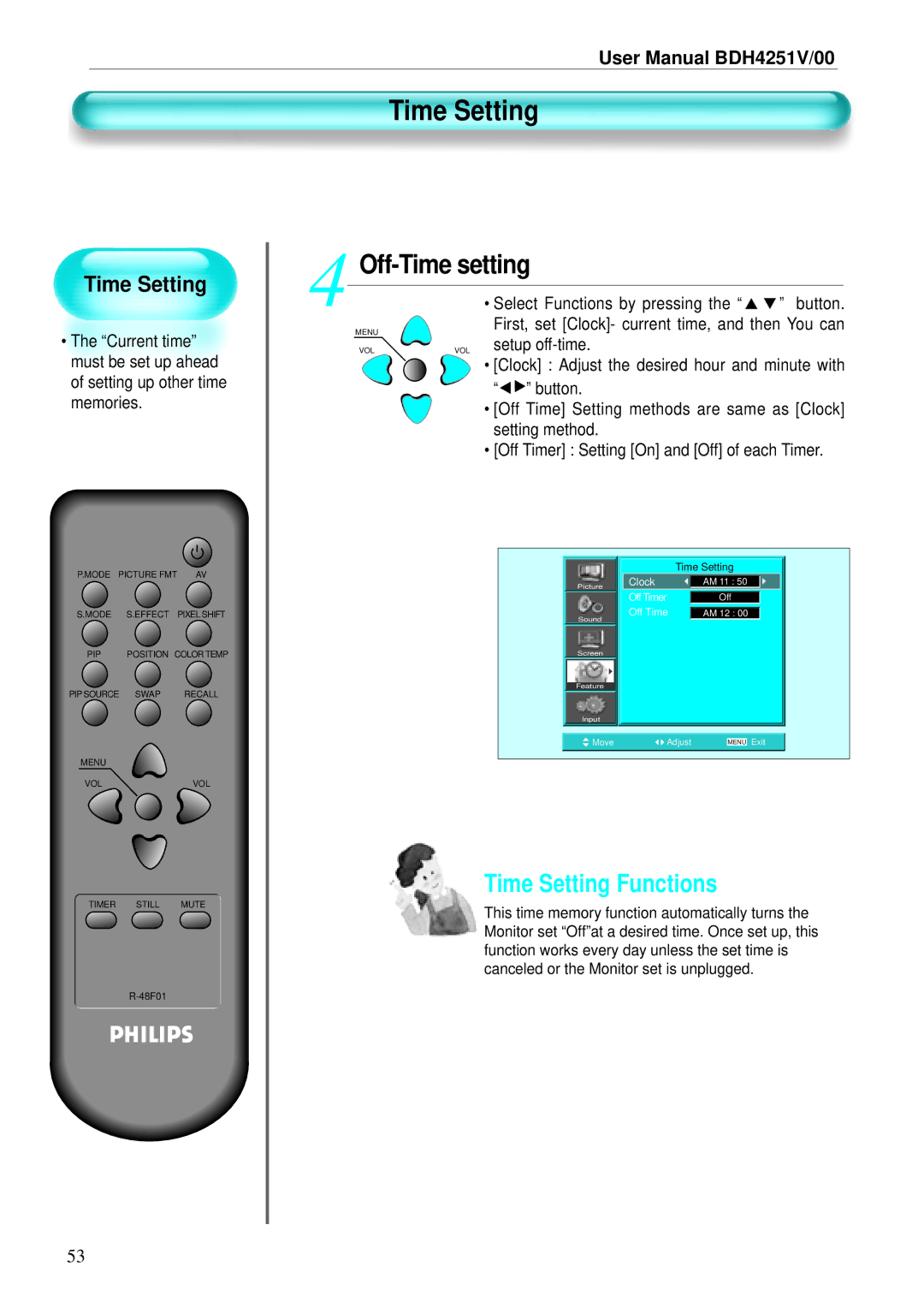 Philips BDH4251V/00 user manual Time Setting 