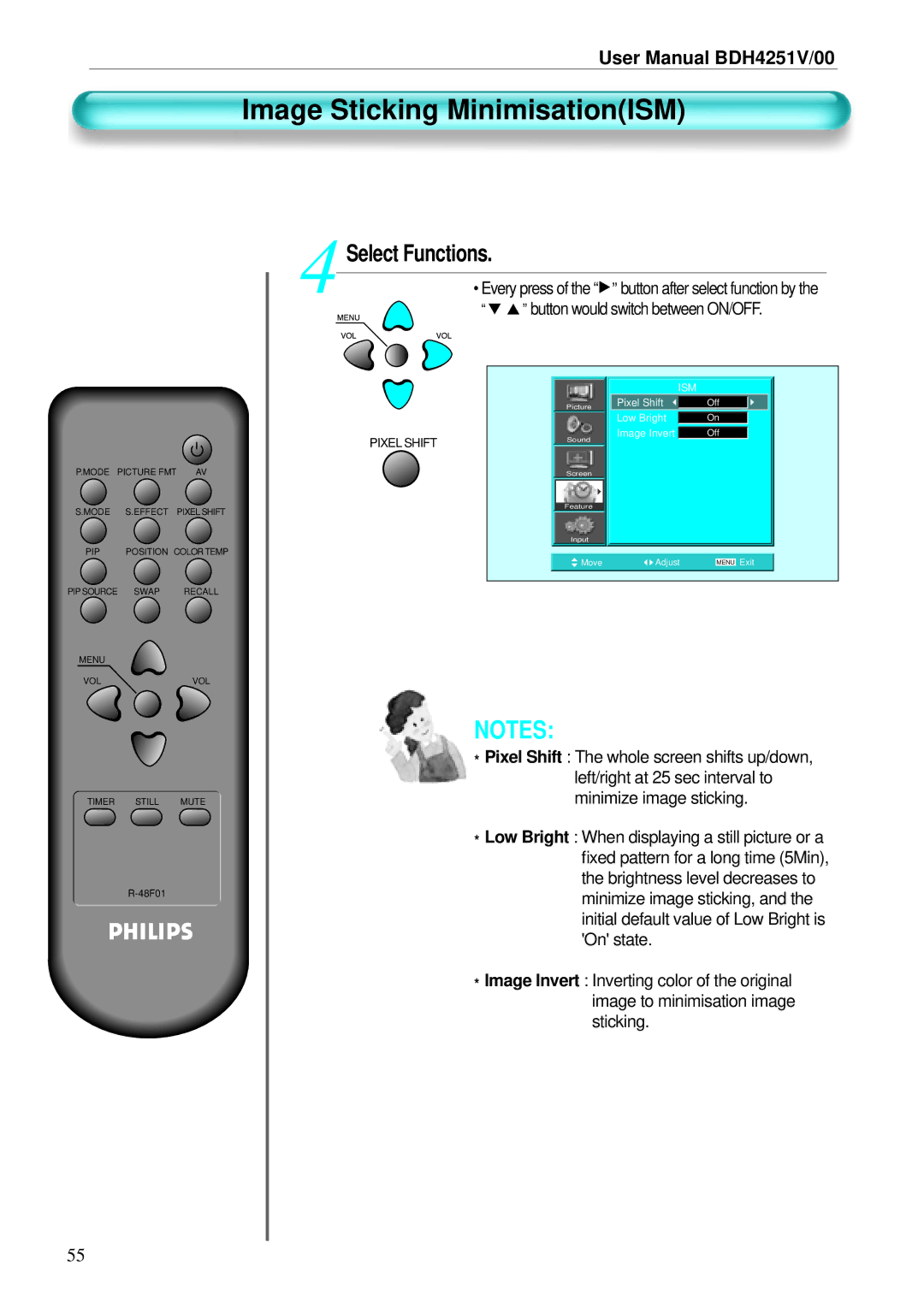 Philips BDH4251V/00 user manual Image Sticking MinimisationISM, Select Functions 